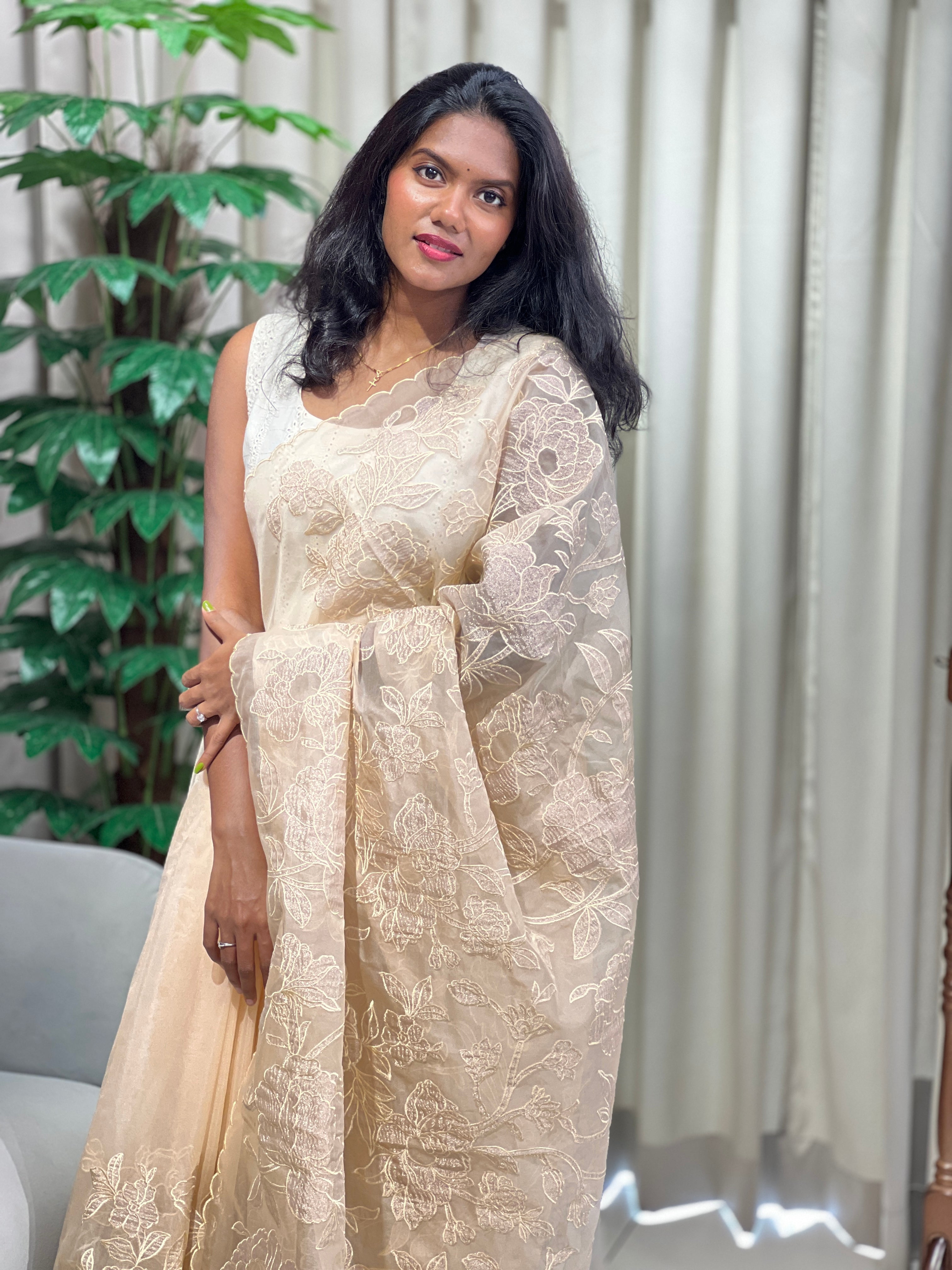 Floral Applique Tissue Organza Saree | MM332