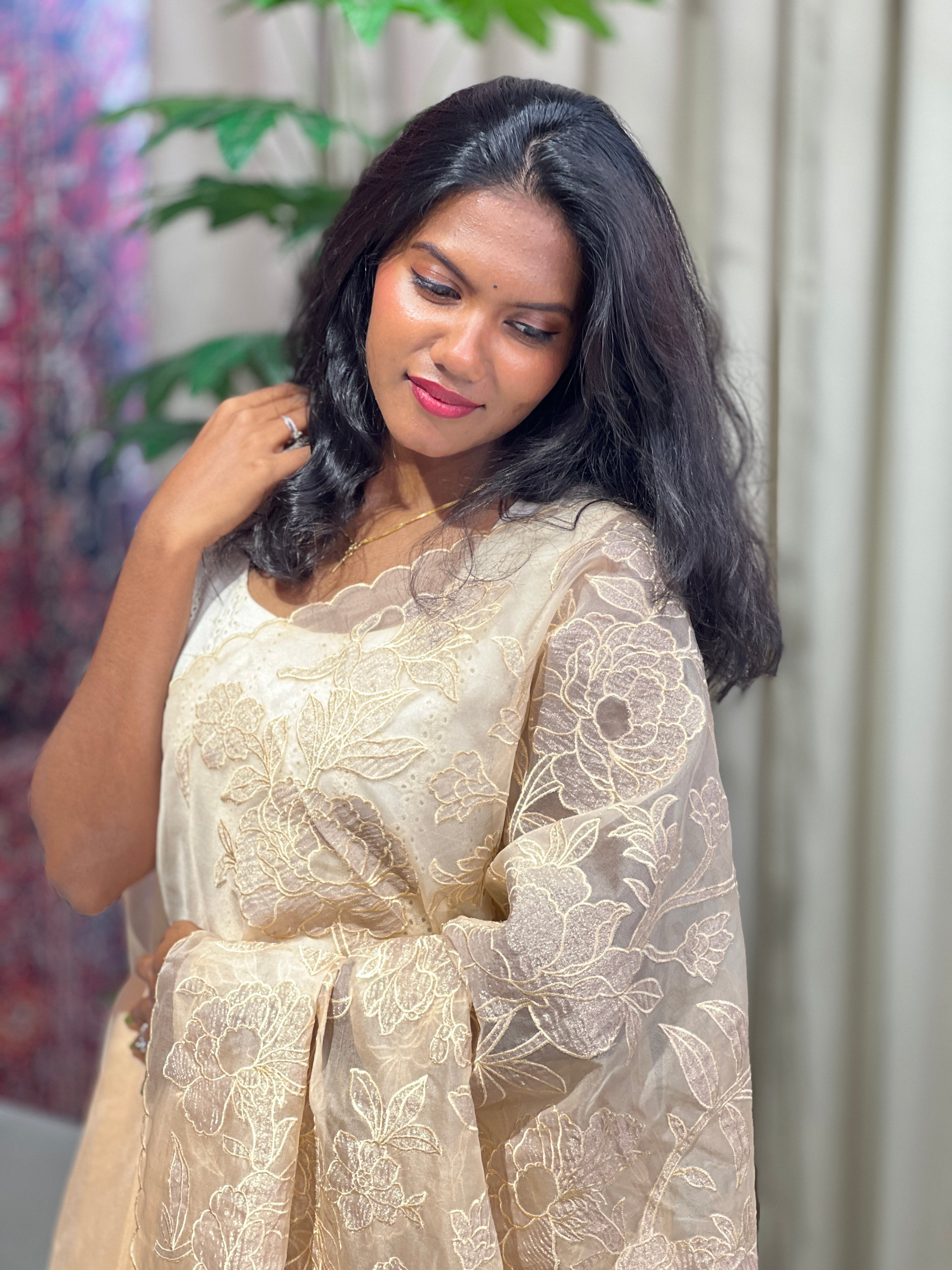 Floral Applique Tissue Organza Saree | MM332