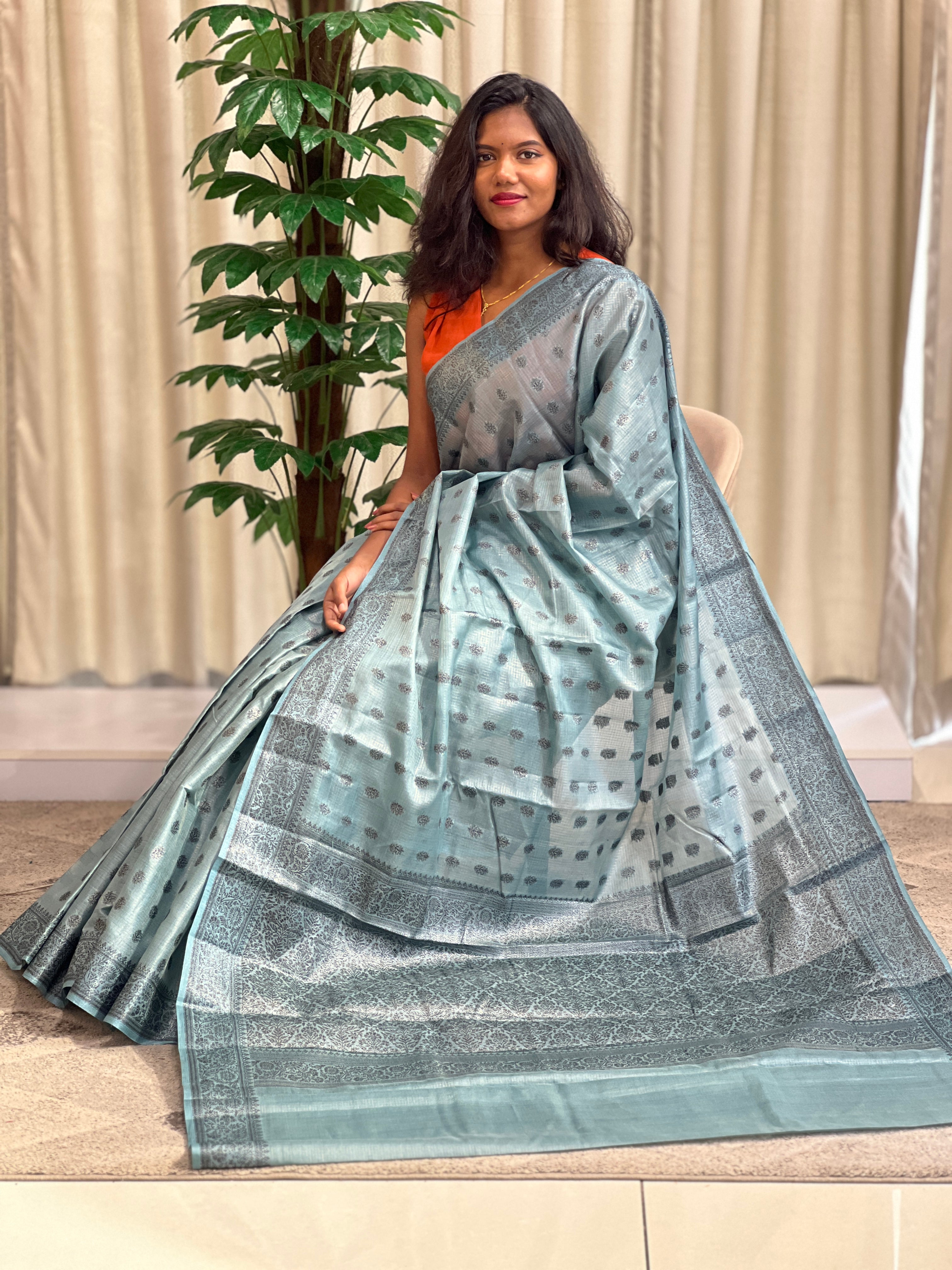 Pencil Zari Check Pattern  Tussar Saree | ZSS119