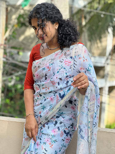 Floral Digital Print Design Linen Saree | BF100