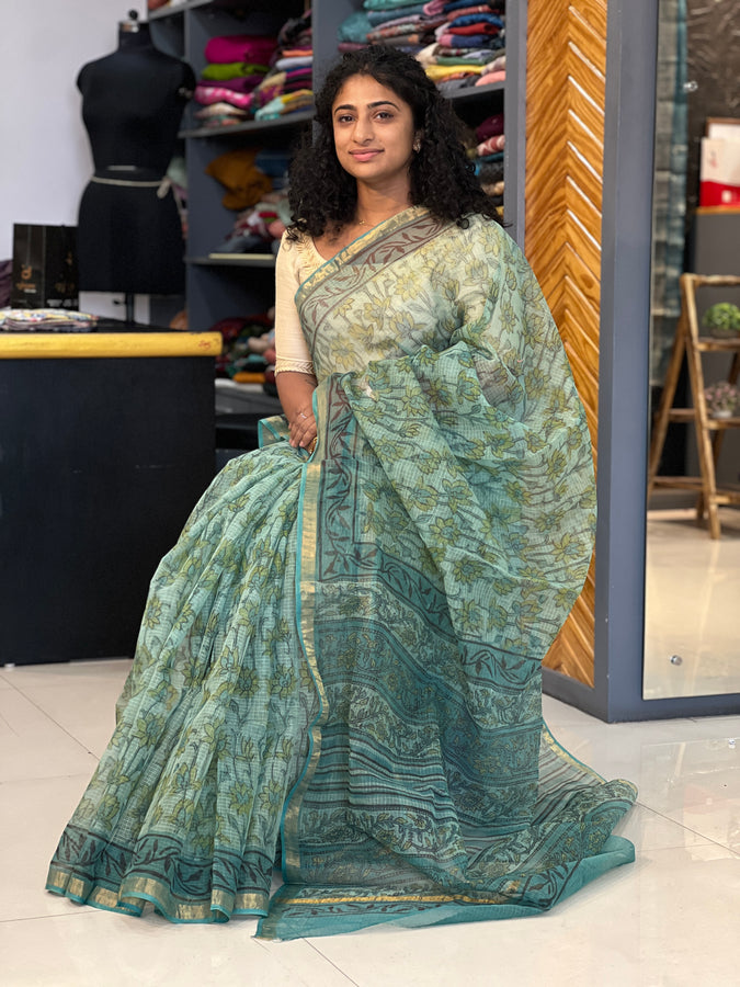 Hand Block Printed Kota Doria Saree | VFC438