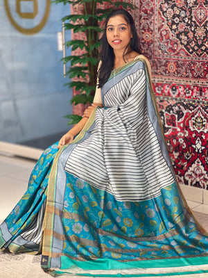 Kalamkari & Stripe Print Detailed Tussar Saree | ACT1619