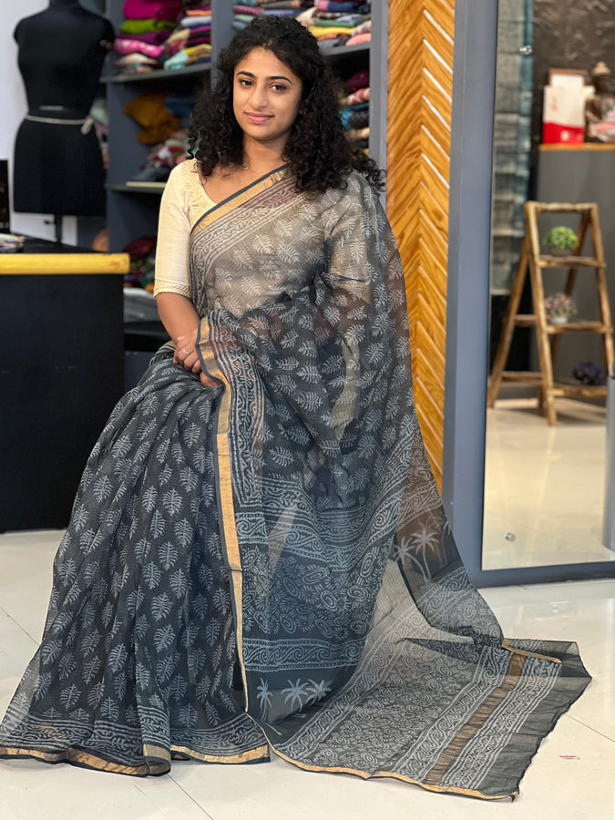 Hand Block Printed Kota Doria Saree | VFC443