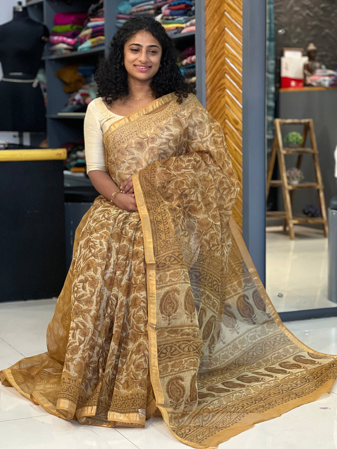 Hand Block Printed Kota Doria Saree | VFC440