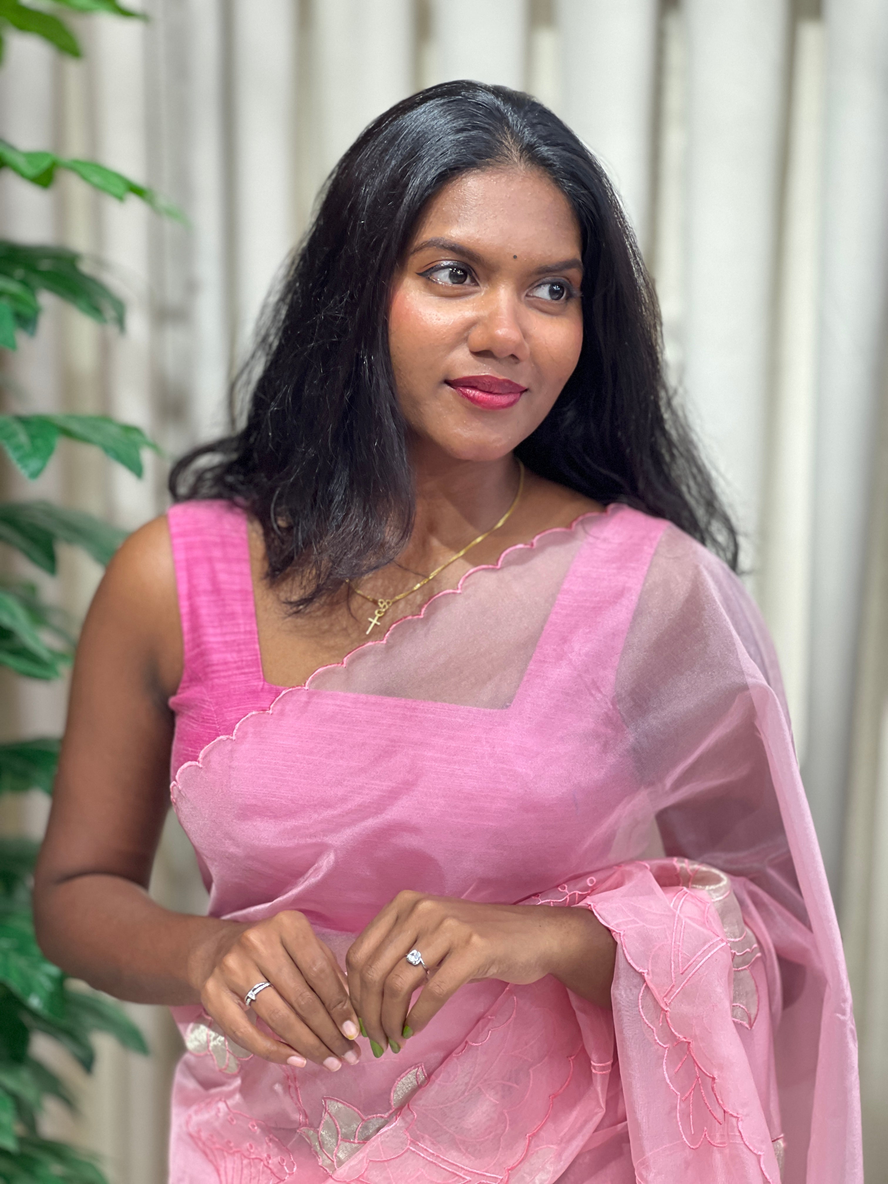 Floral Applique Patterned Organza Saree | MM356