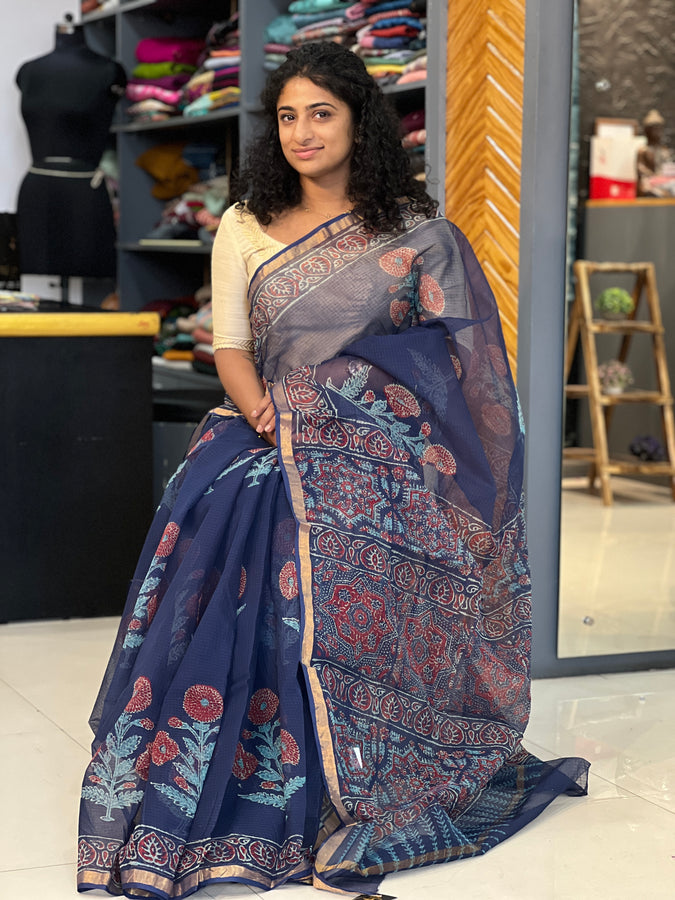 Hand Block Printed Kota Doria Saree | VFC448