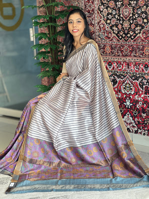 Kalamkari & Stripe Print Detailed Tussar Saree | ACT1617
