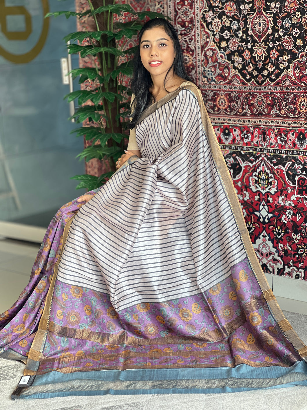 Kalamkari & Stripe Print Detailed Tussar Saree | ACT1617