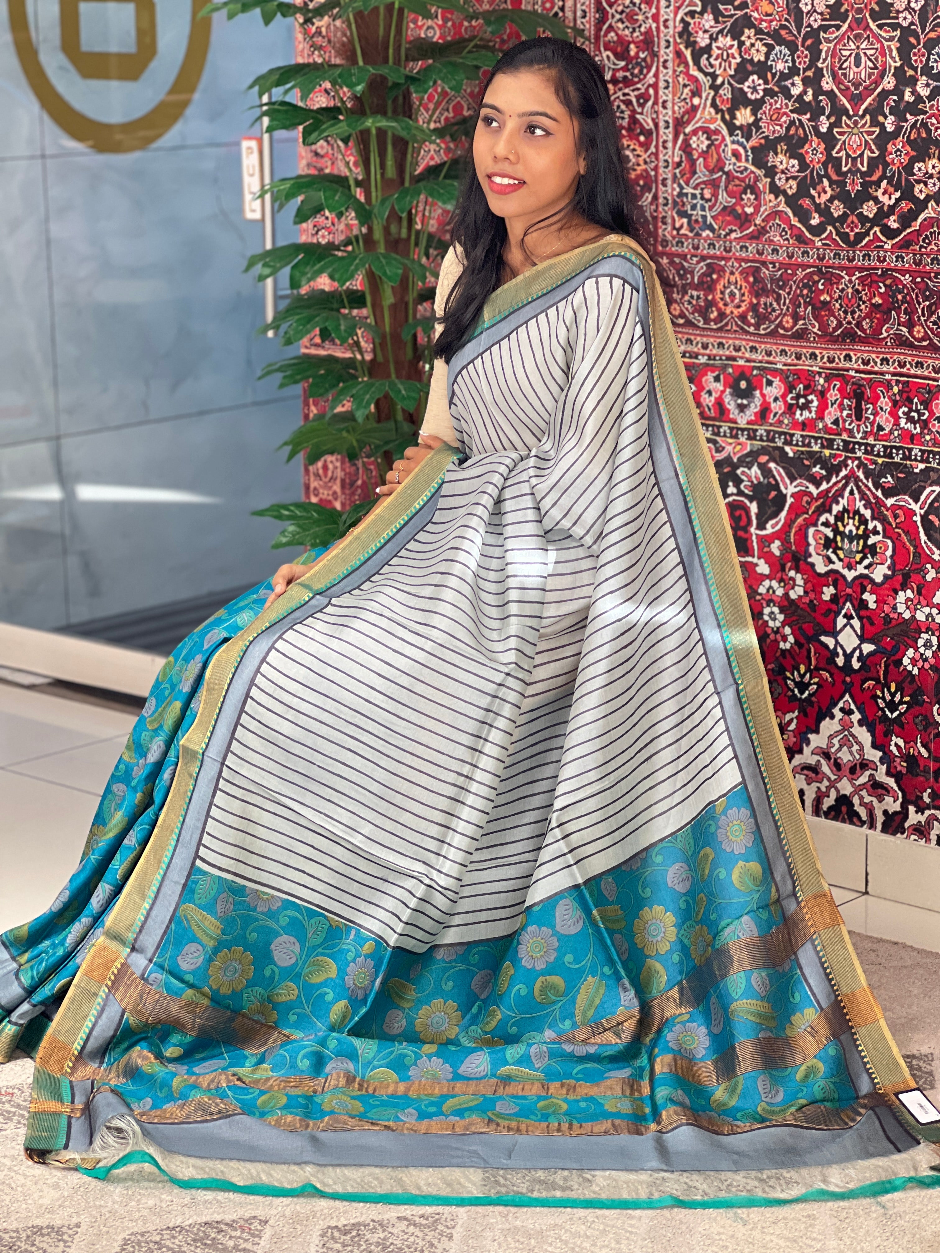 Kalamkari & Stripe Print Detailed Tussar Saree | ACT1621