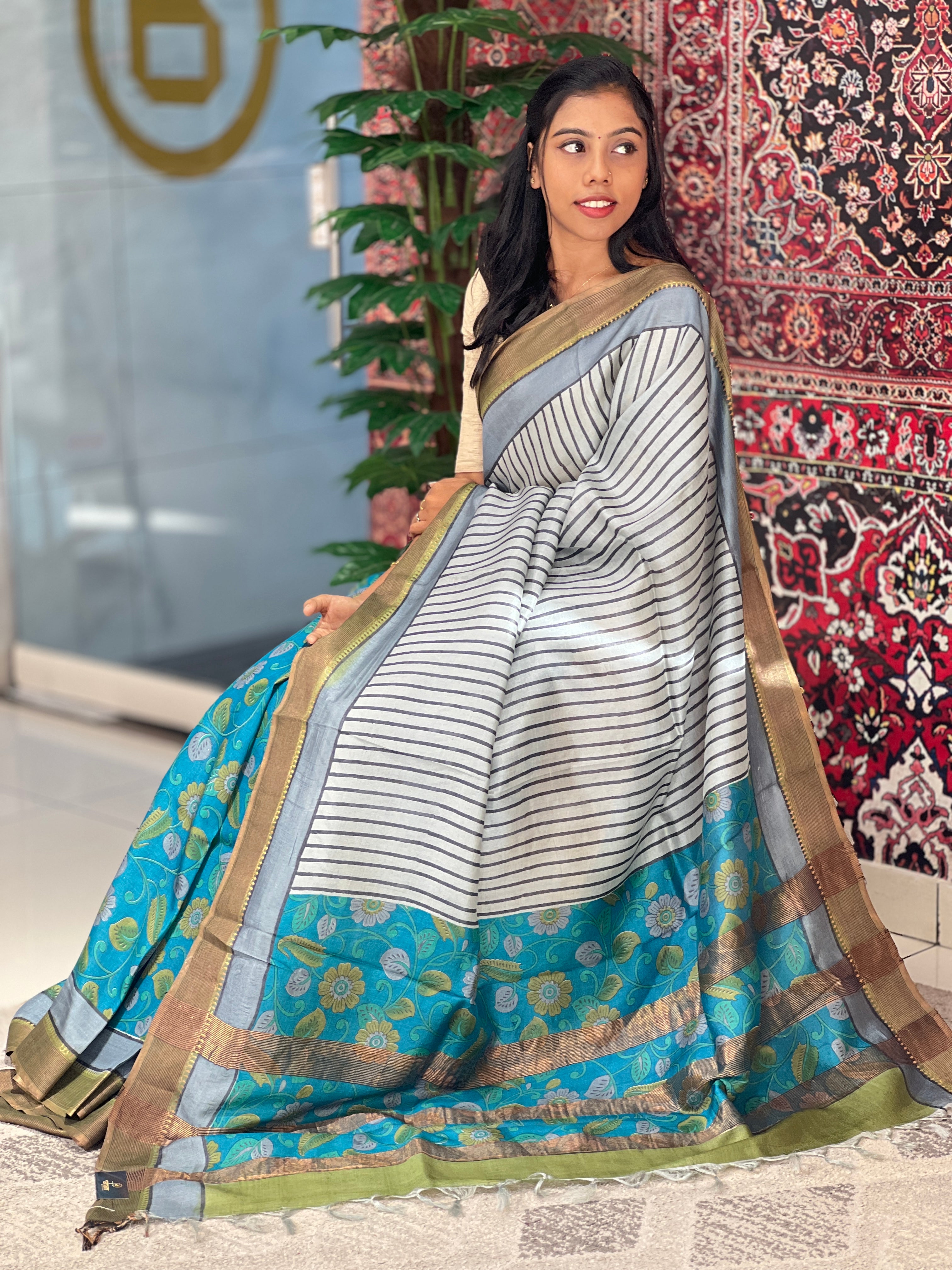 Kalamkari & Stripe Print Detailed Tussar Saree | ACT1620