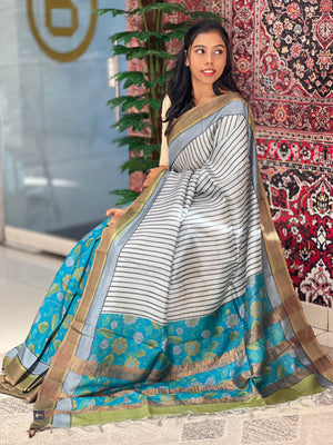 Kalamkari & Stripe Print Detailed Tussar Saree | ACT1620