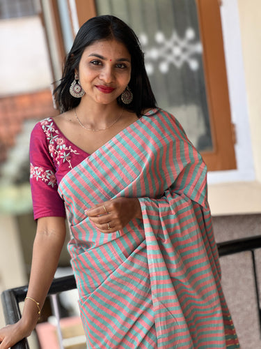 Stripe Pattern Kerala Cotton Saree  | AHR445