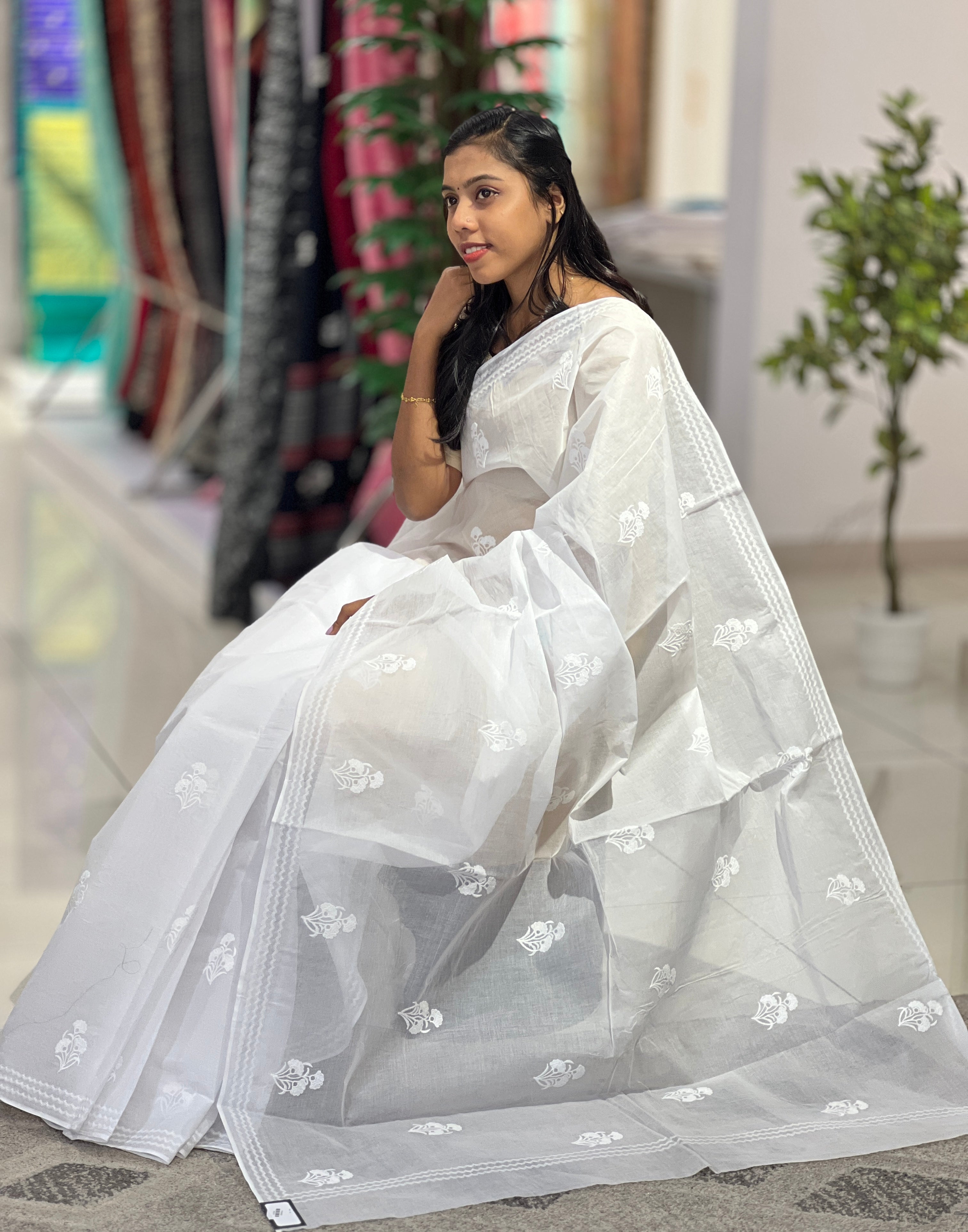 Scattered Floral Embroidered Organdy Saree | VNC119