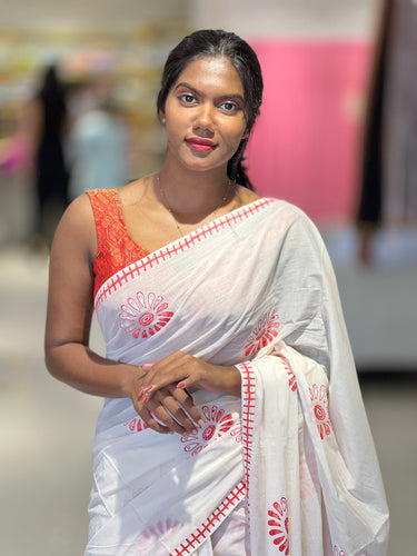Floral Block Printed Cotton Saree | SFA109