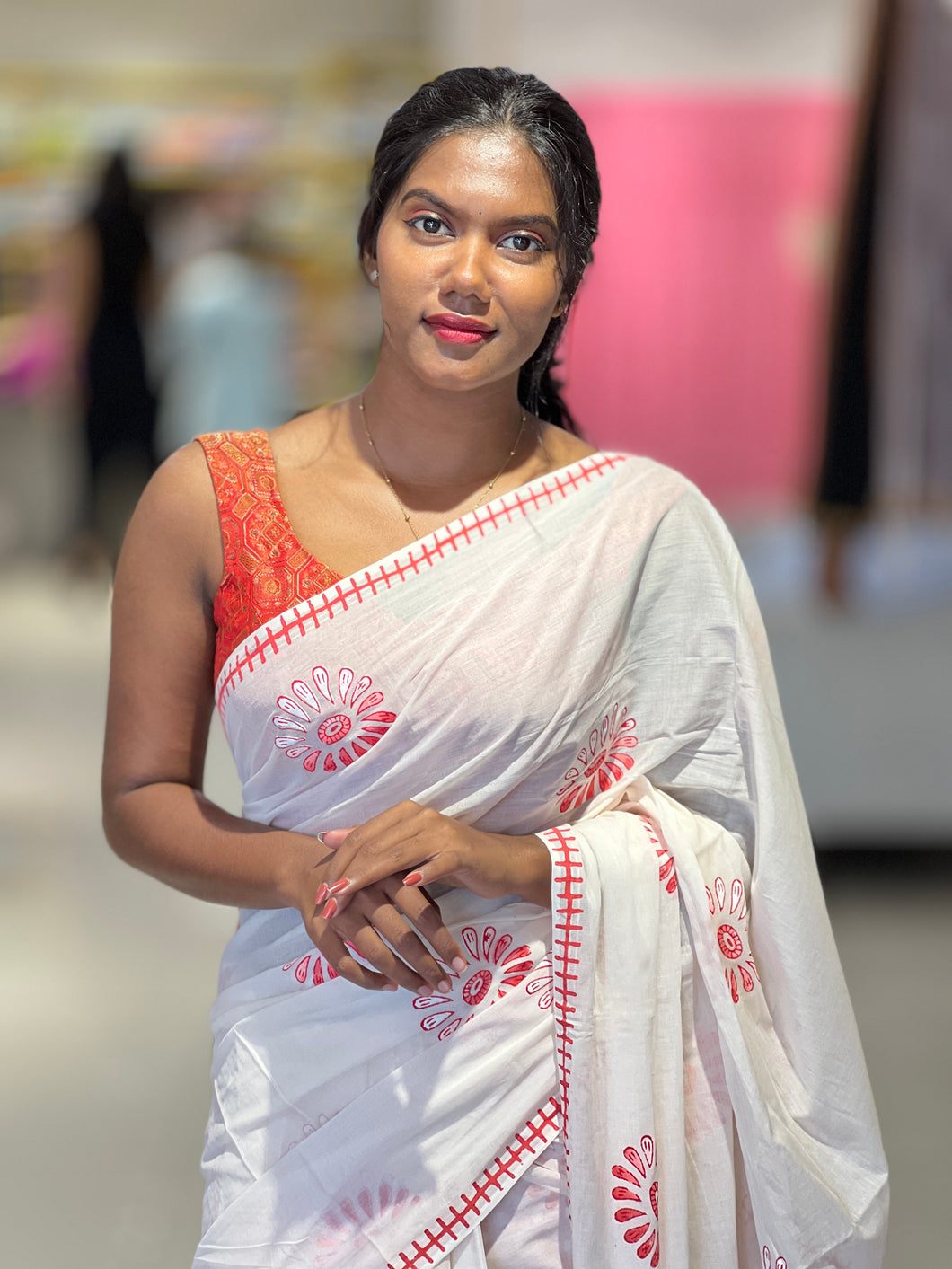Floral Block Printed Cotton Saree | SFA109