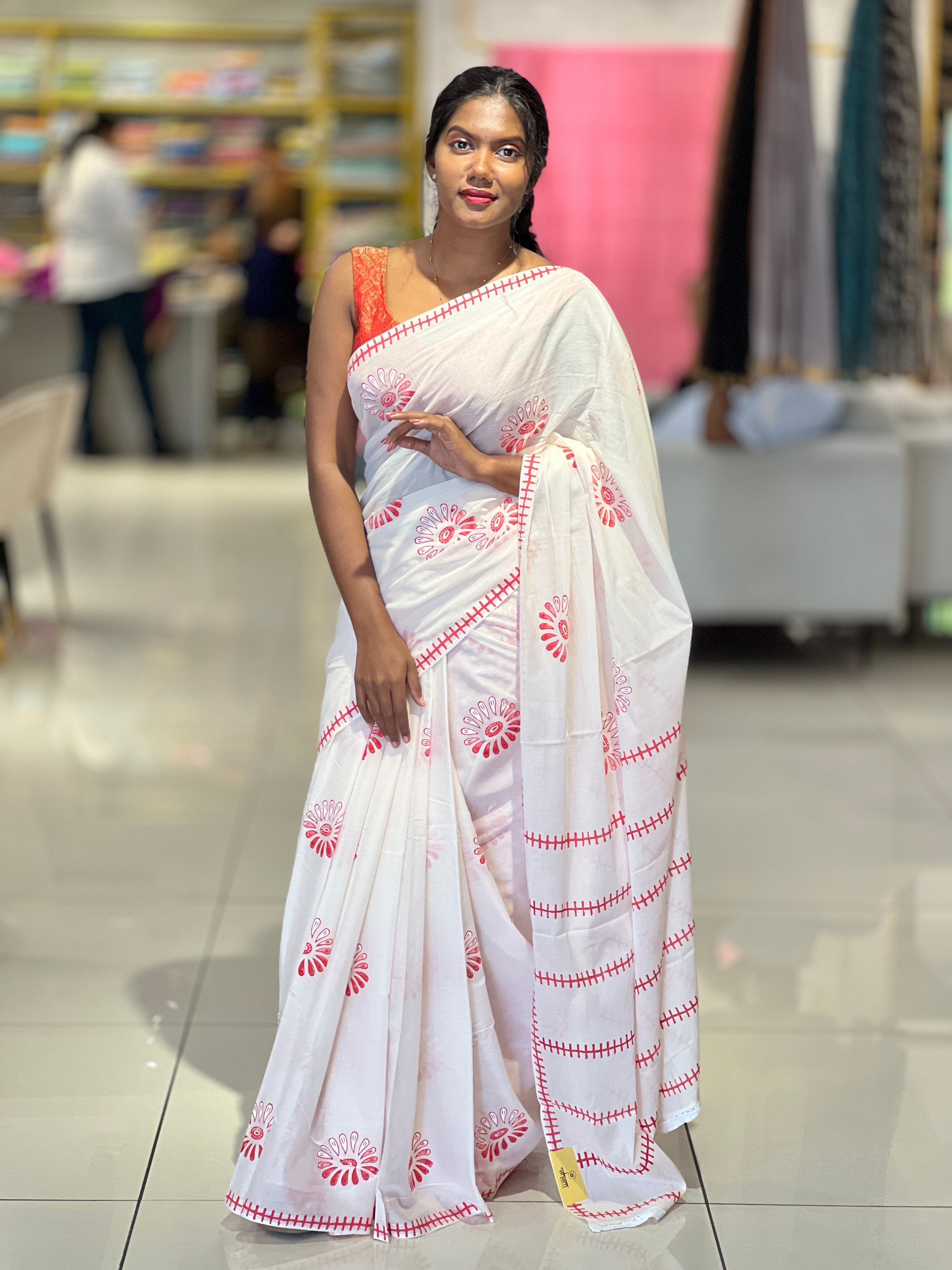 Floral Block Printed Cotton Saree | SFA109
