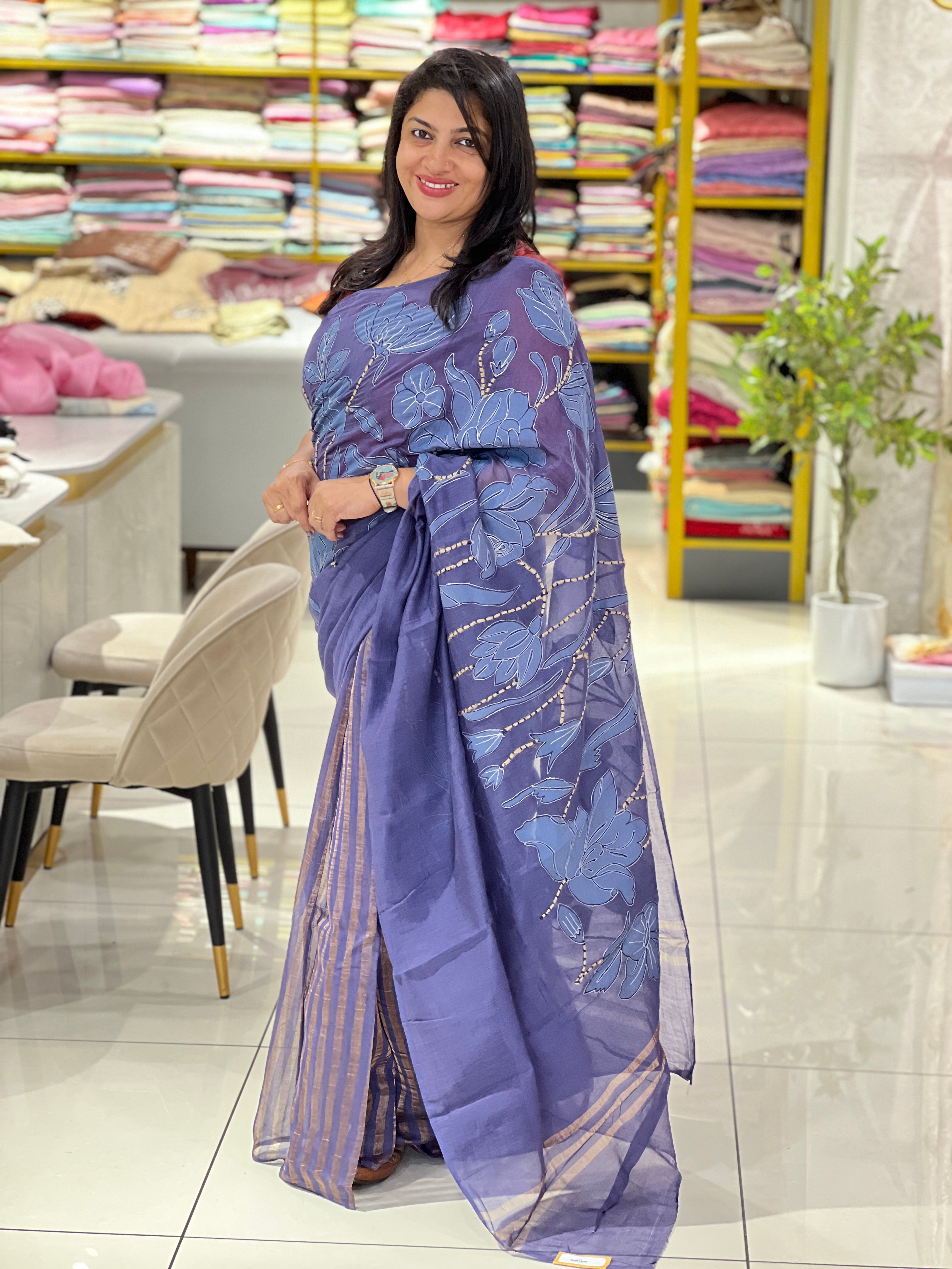 Floral Applique Design Malai Chanderi Saree | MM449