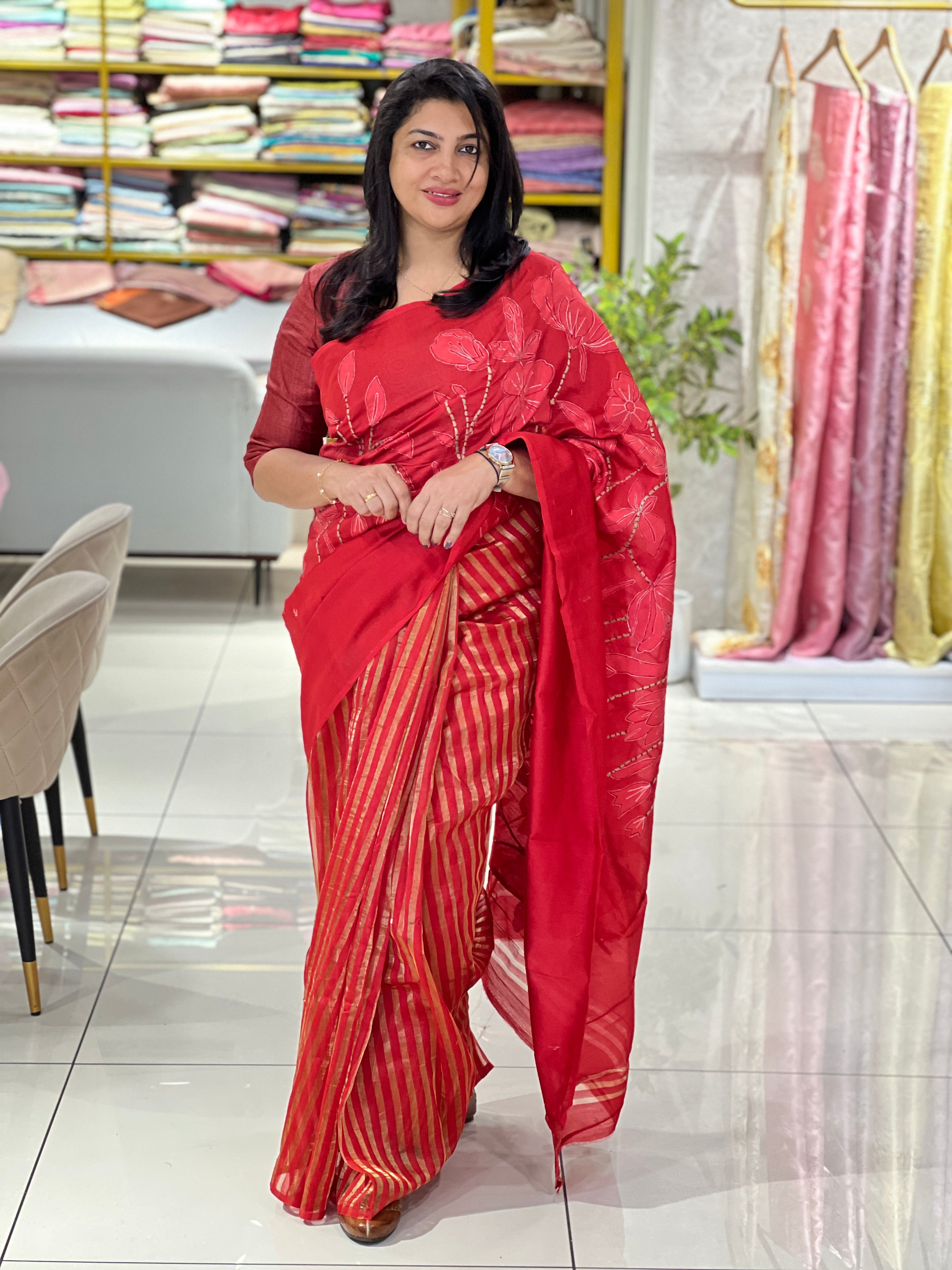 Floral Applique Design Malai Chanderi Saree | MM450