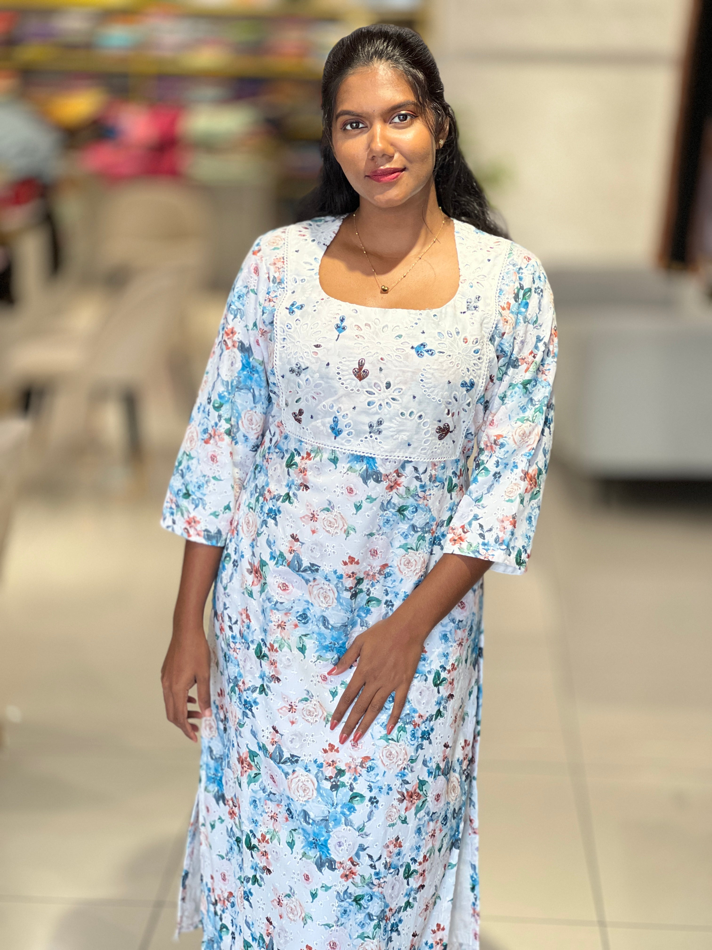Printed Schiffli Patterned Cotton Kurta | NNTC159