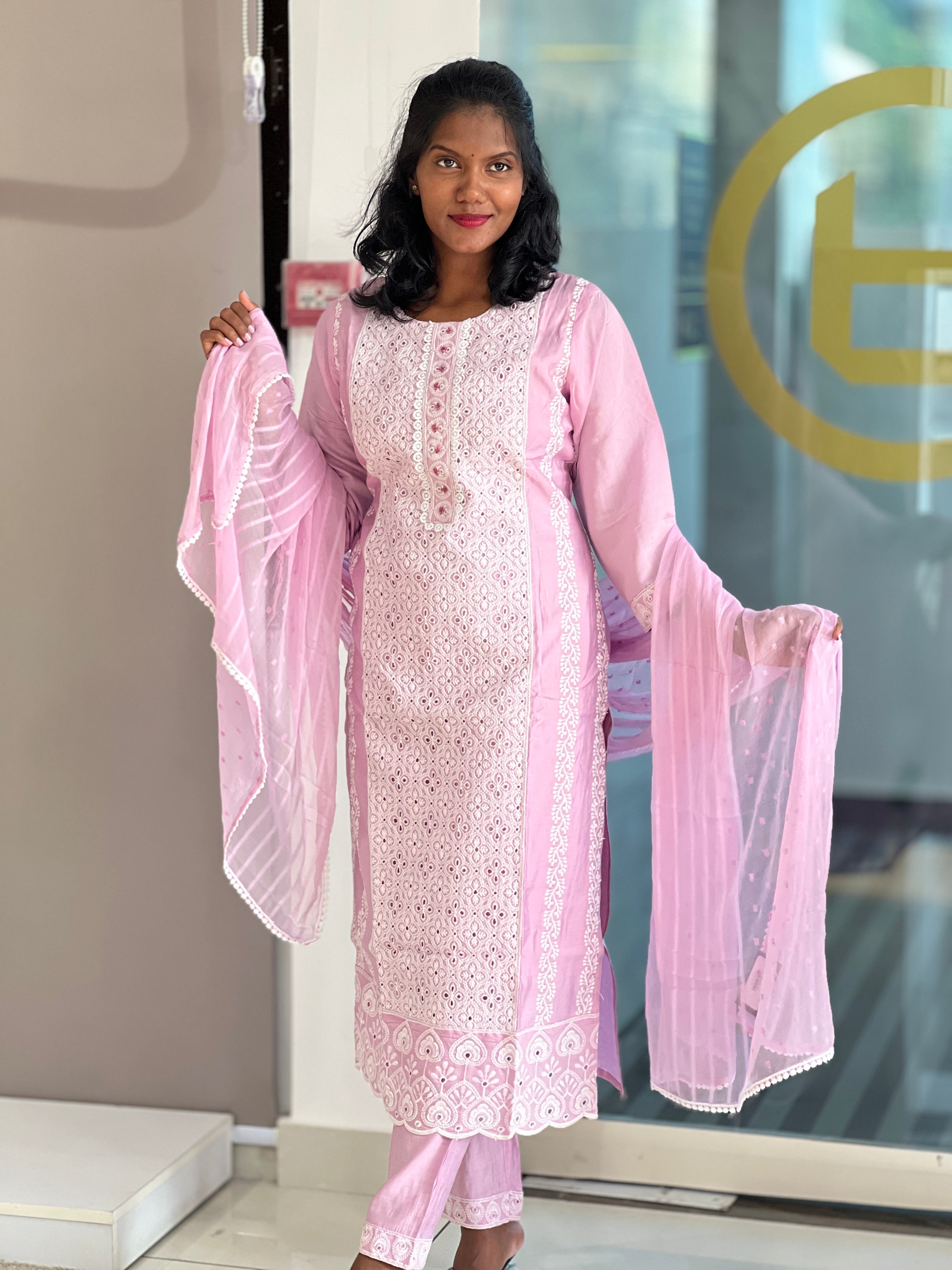 Machine Embroidered Muslin Finish Kurta Set | NEF103