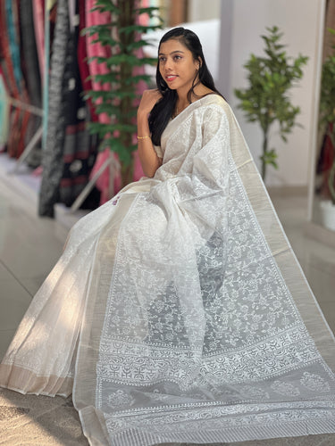 Block Print With Zari Border Detailed Linen Finish Saree | VNC108