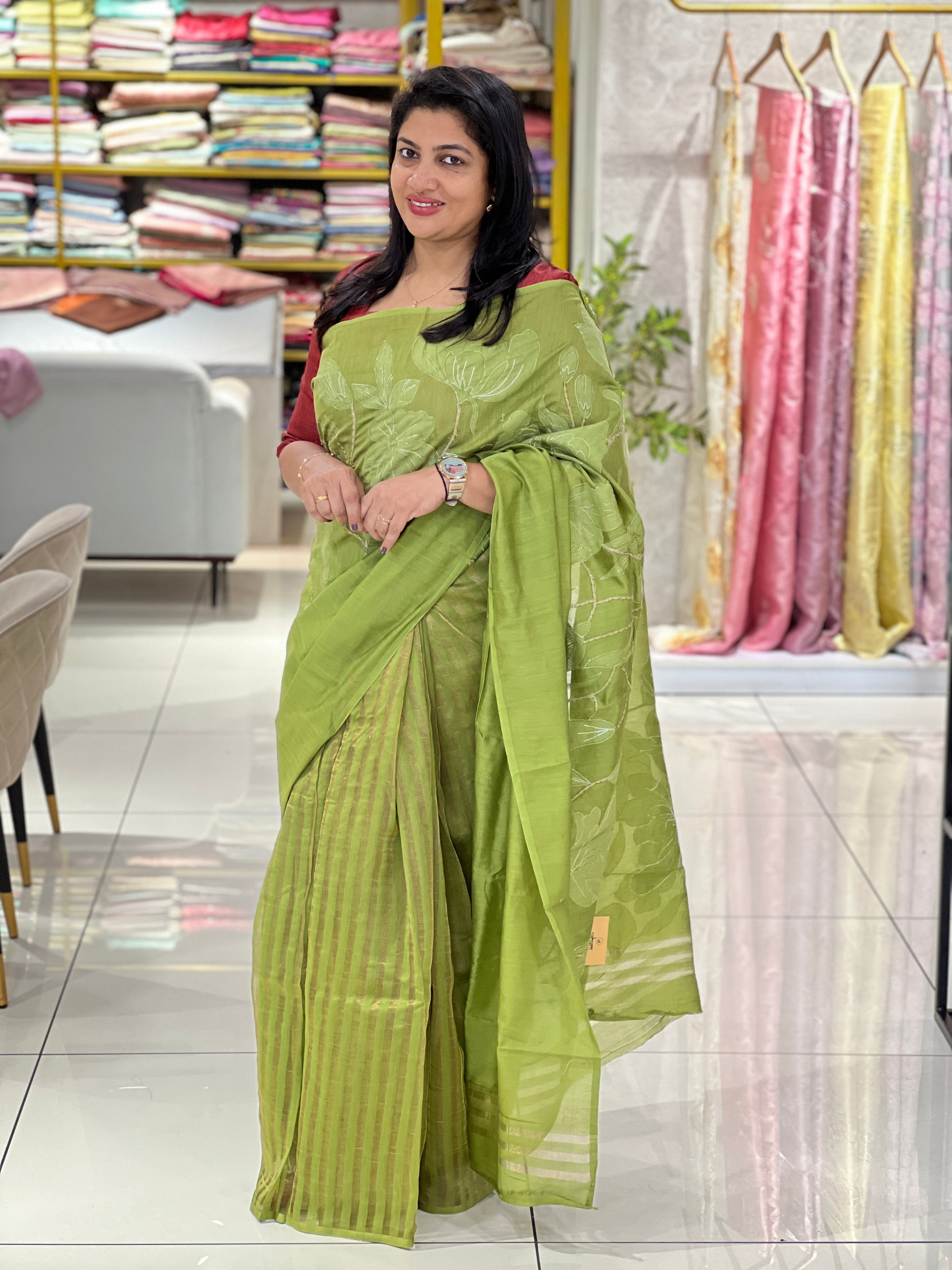 Floral Applique Design Malai Chanderi Saree | MM447