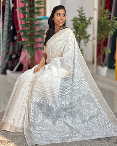 Block Print With Zari Border Detailed Linen Finish Saree | VNC107