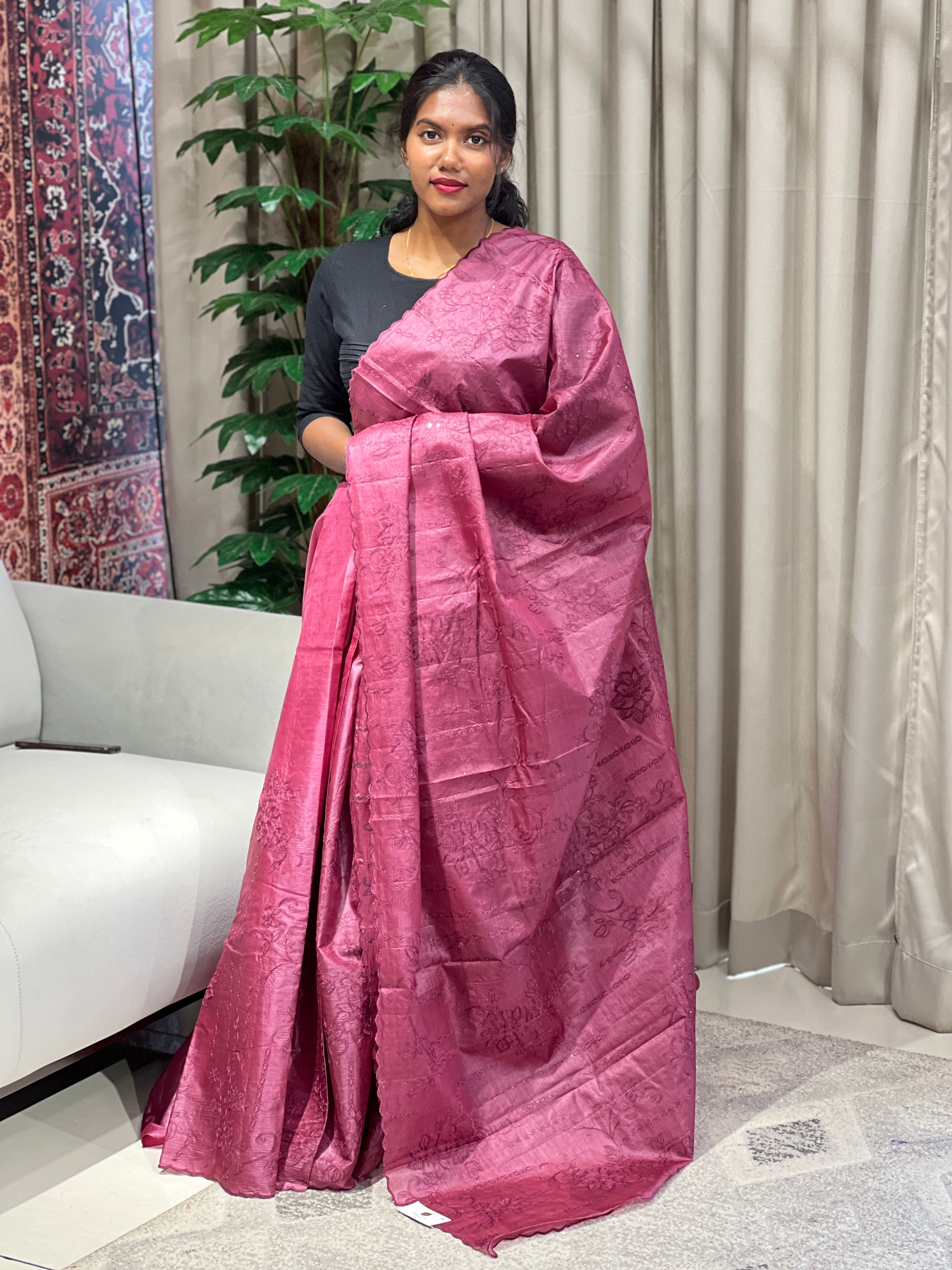 Floral Machine Embroidery Pure Tussar Saree | YNG675