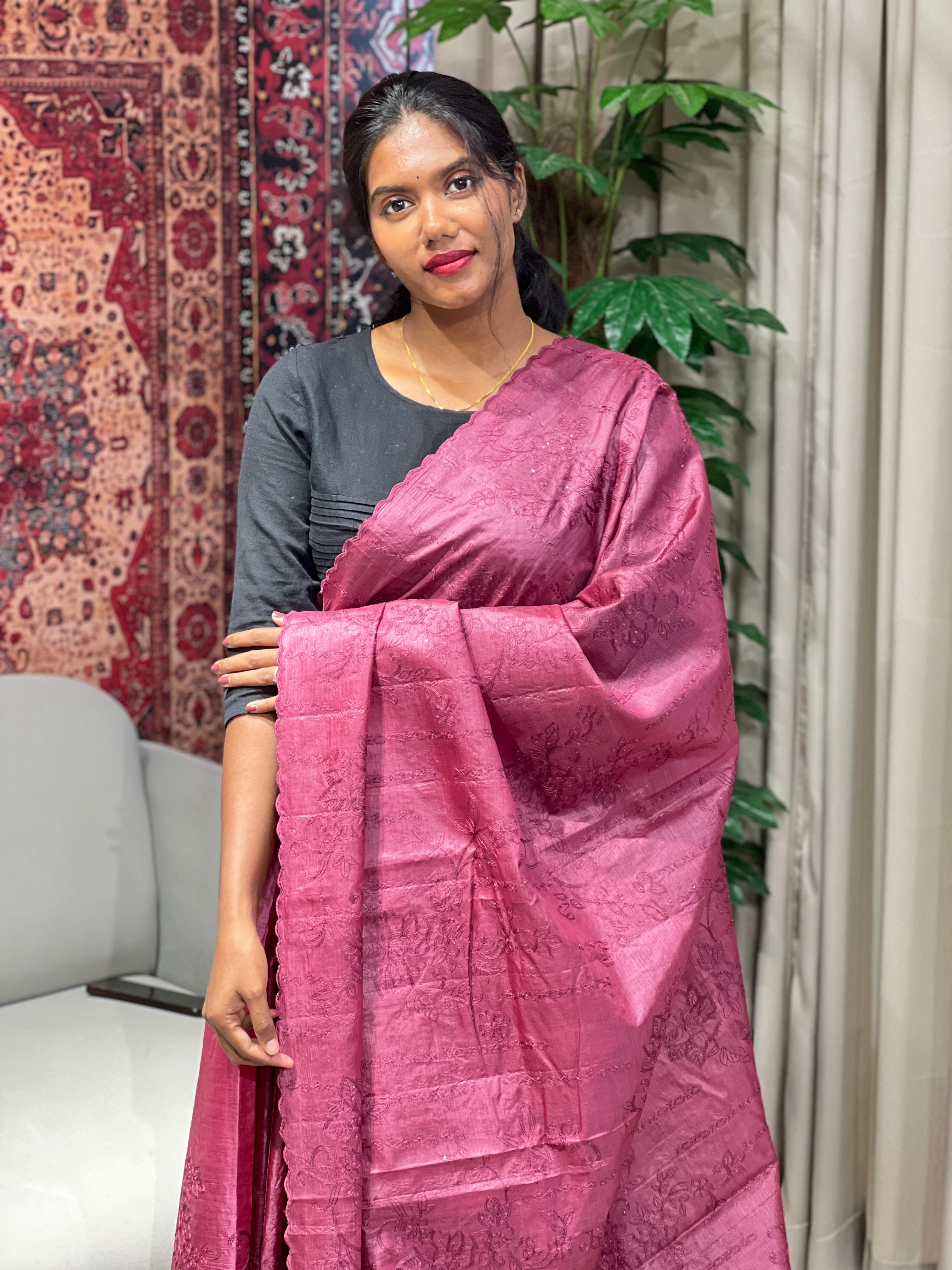 Floral Machine Embroidery Pure Tussar Saree | YNG675