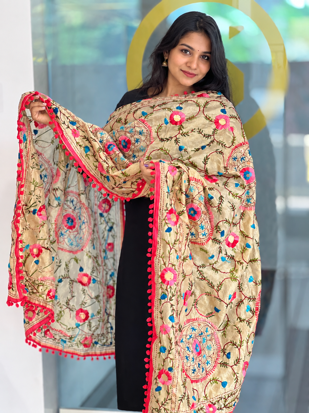 Traditional Thread Embroidery Detailed Chanderi Finish Dupatta | VET263