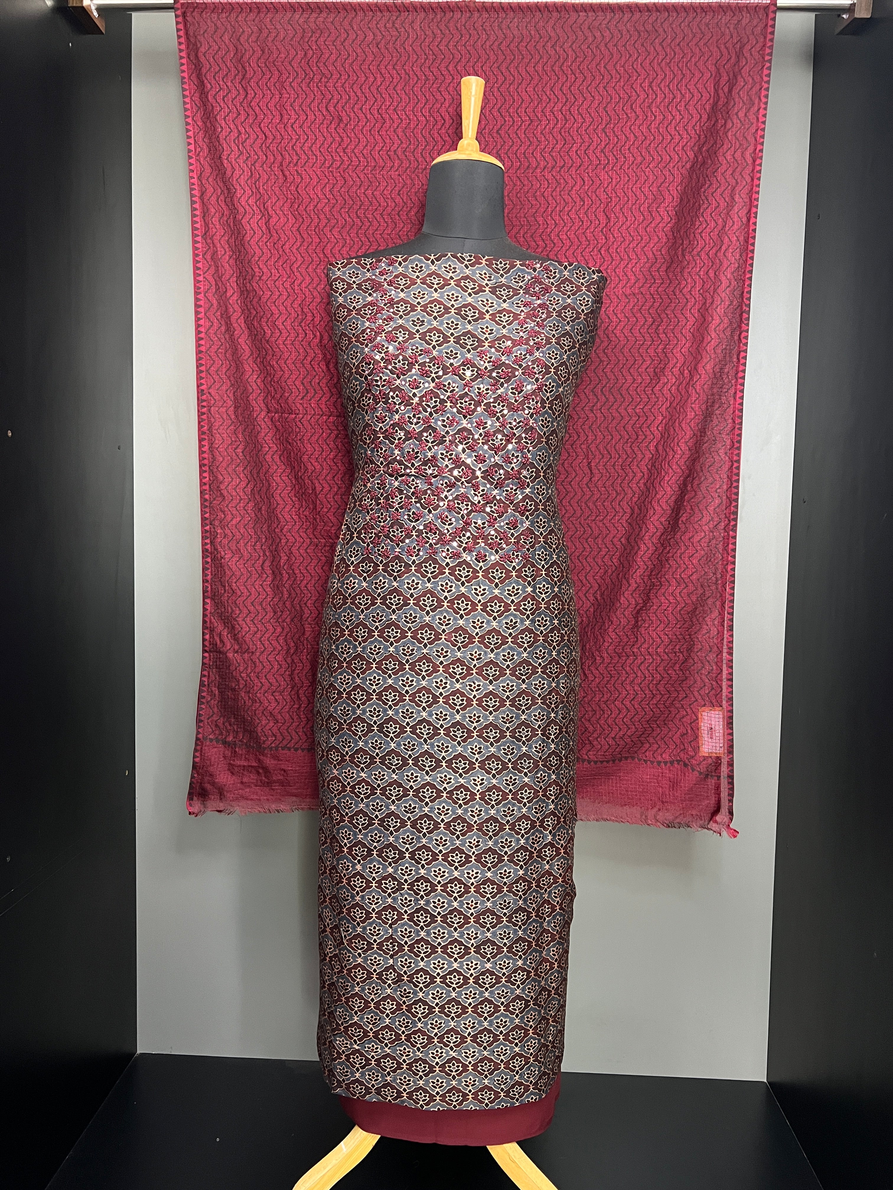 Ajrakh Print With Embroidery Detailed Semi Modal Salwar Set | JSC462