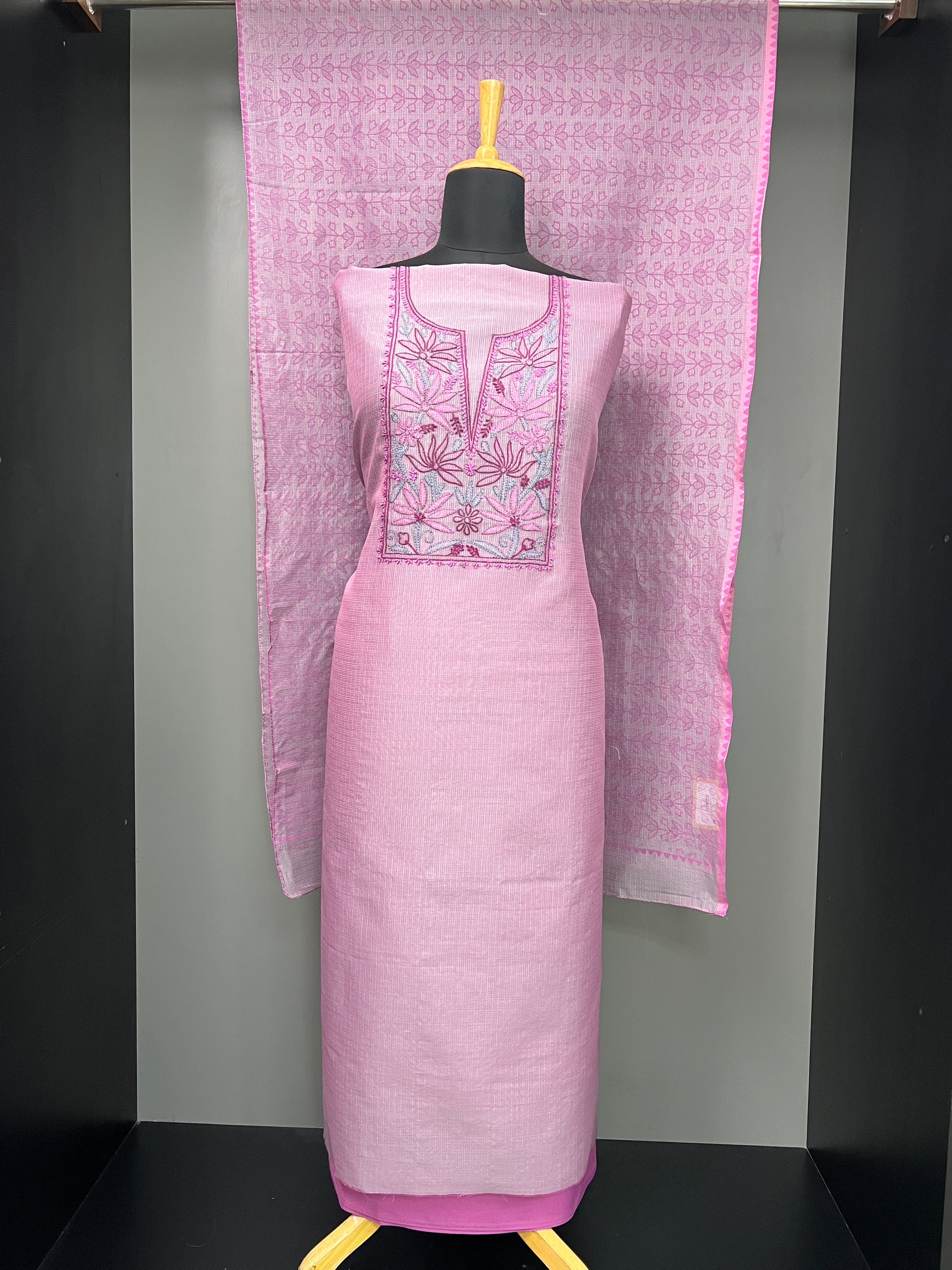 Chikankari Embroidered Muga Check Organza Salwar Set | JSC467