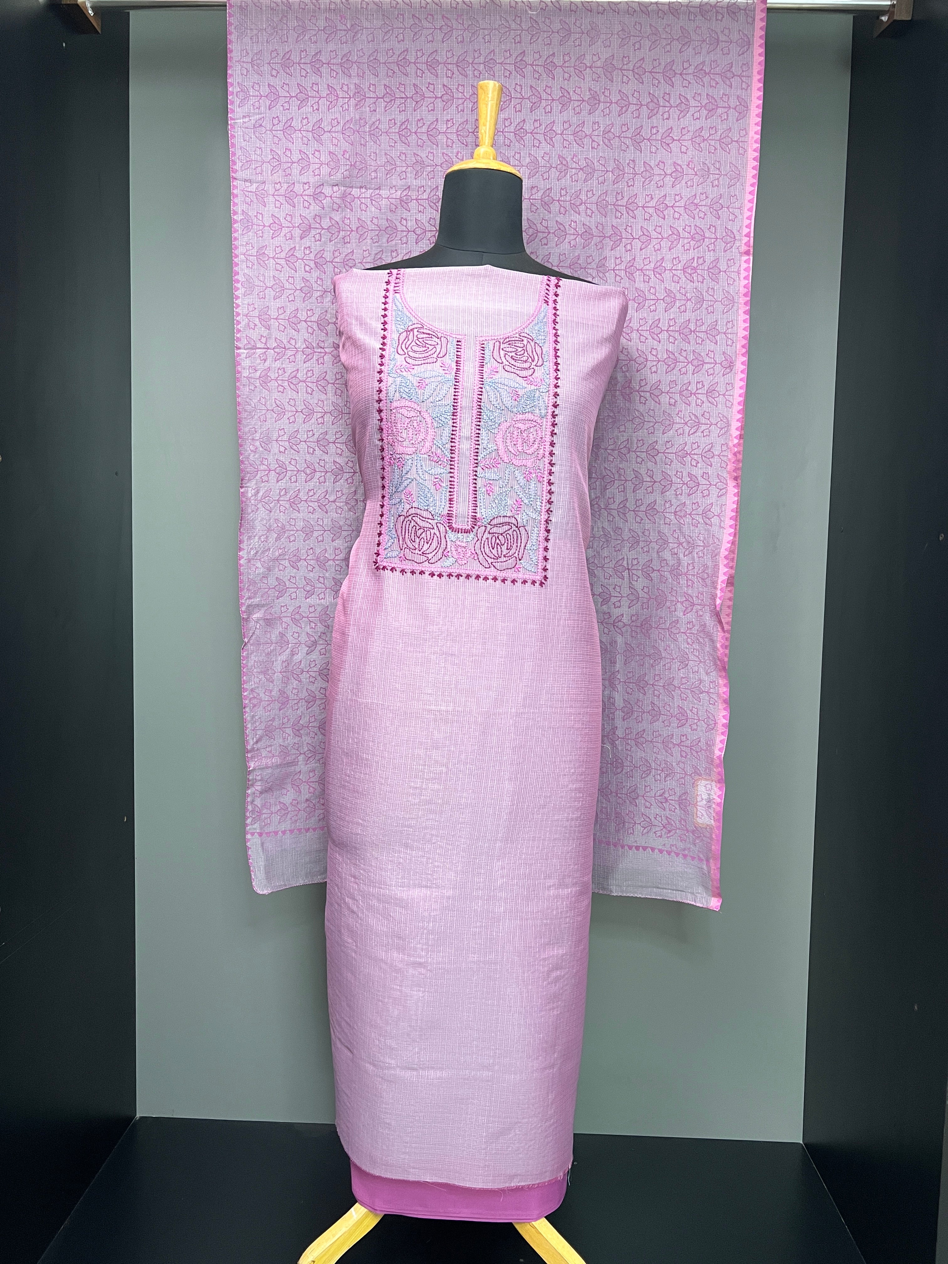 Chikankari Embroidered Muga Check Organza Salwar Set | JSC468