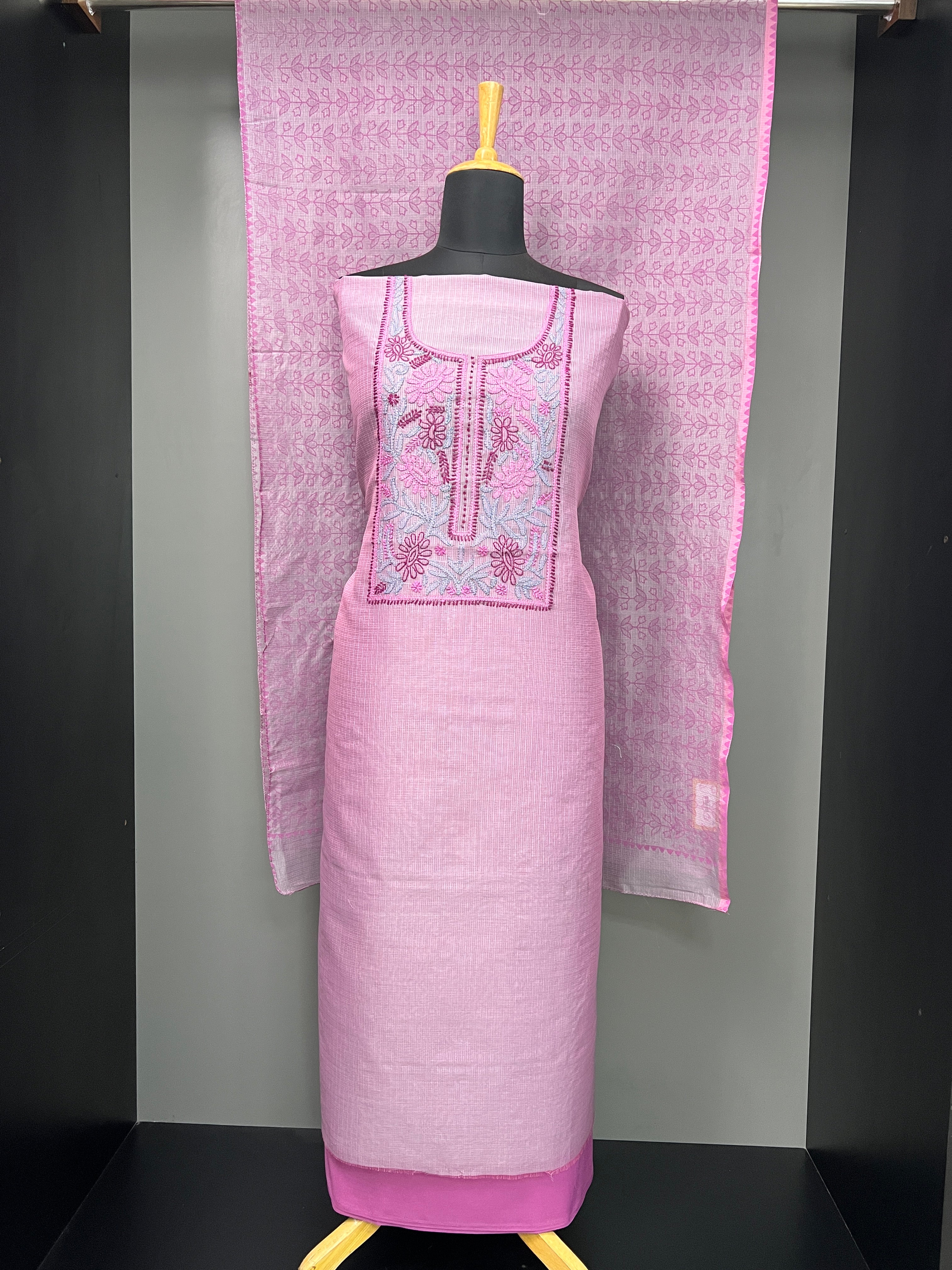 Chikankari Embroidered Muga Check Organza Salwar Set | JSC469