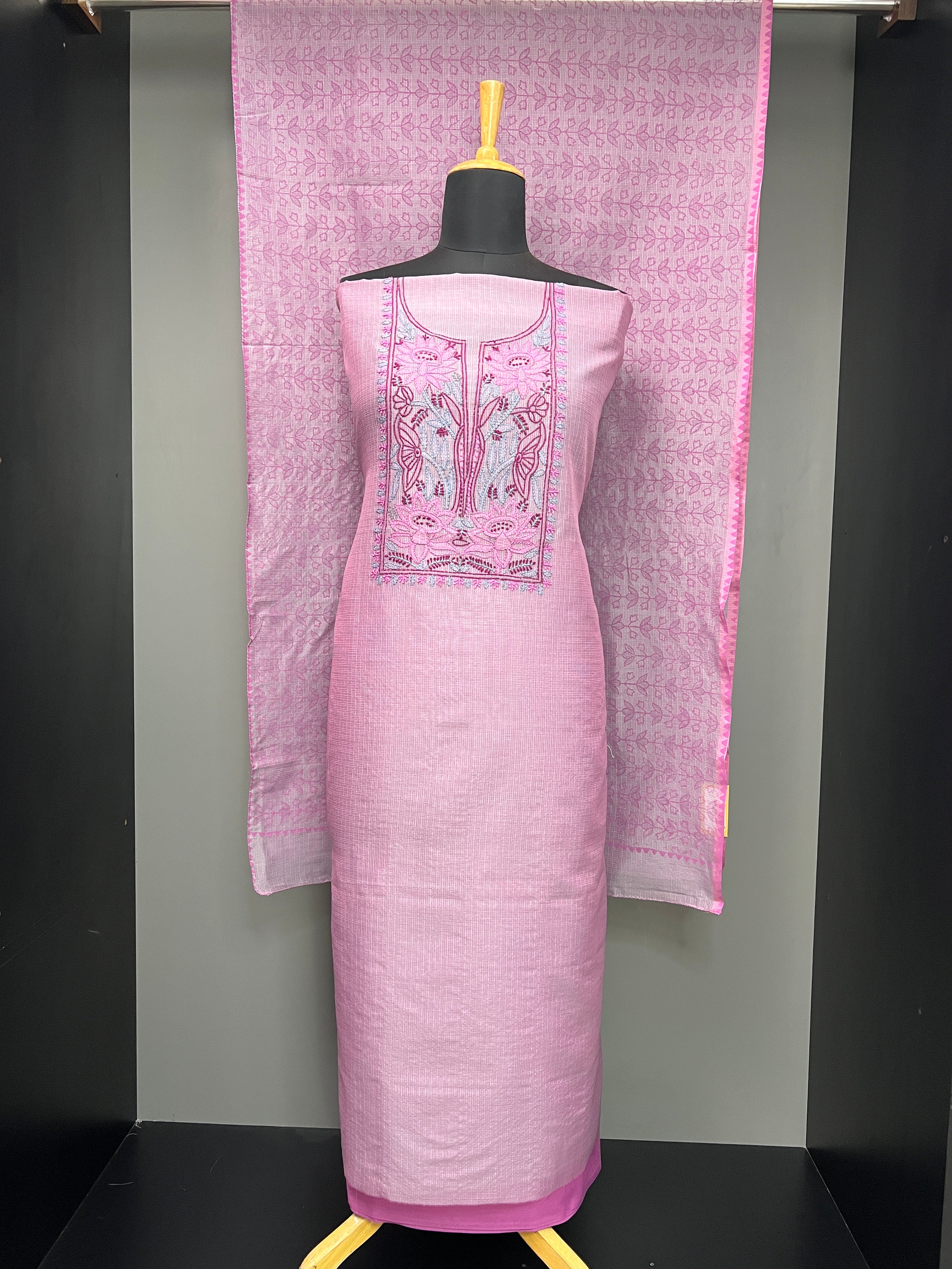 Chikankari Embroidered Muga Check Organza Salwar Set | JSC471