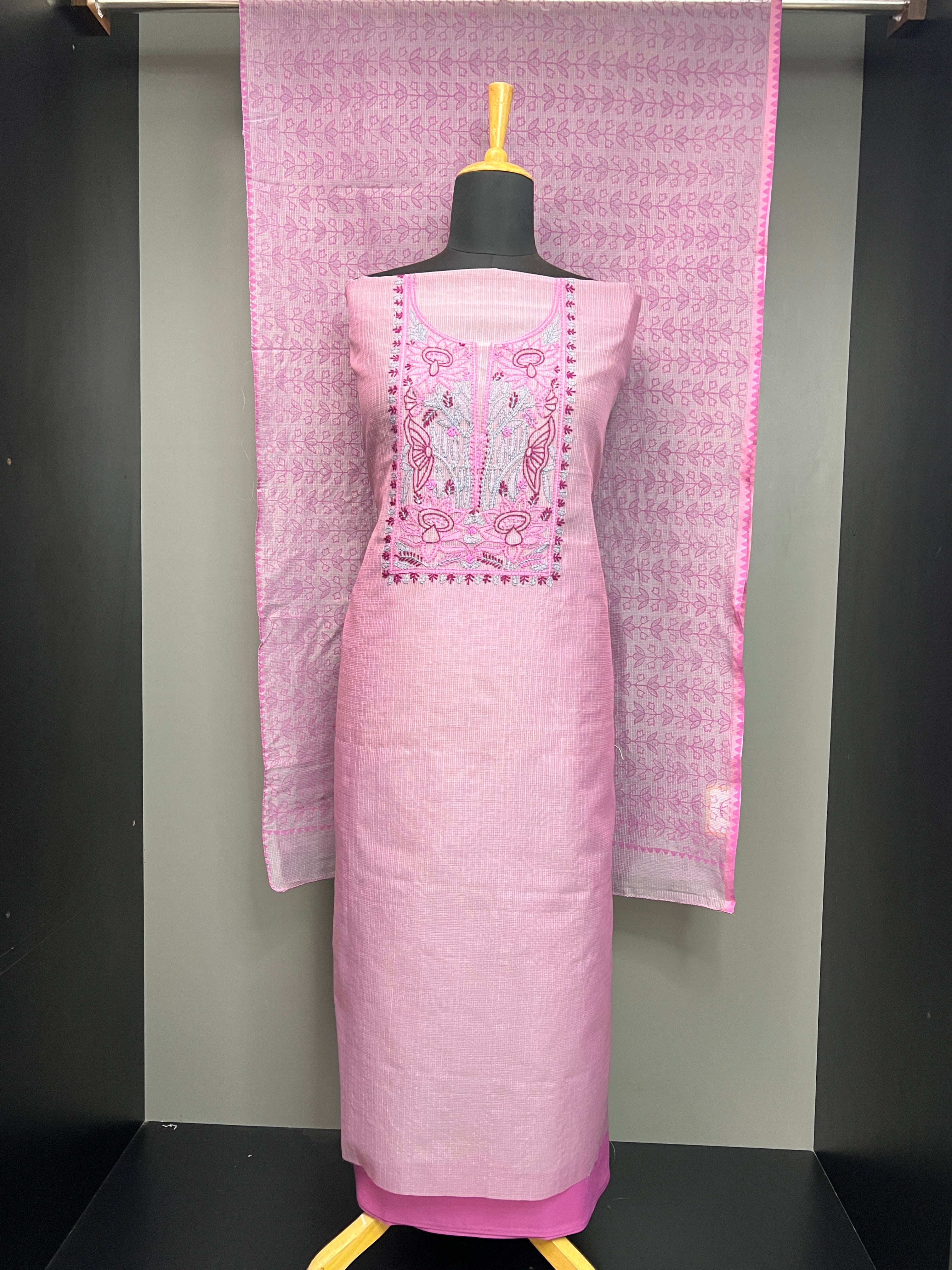 Chikankari Embroidered Muga Check Organza Salwar Set | JSC472