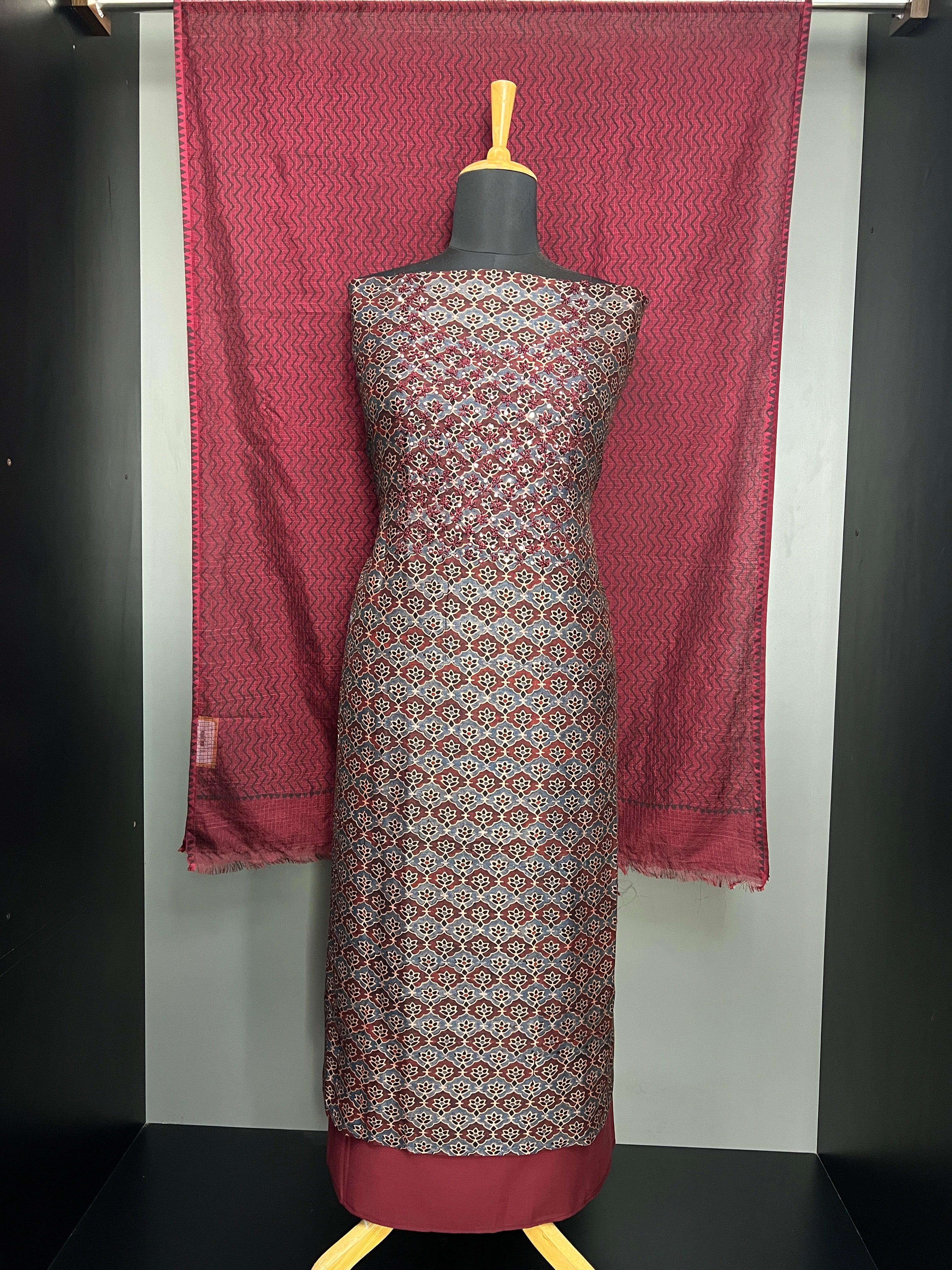 Ajrakh Print With Embroidery Detailed Semi Modal Salwar Set | JSC474