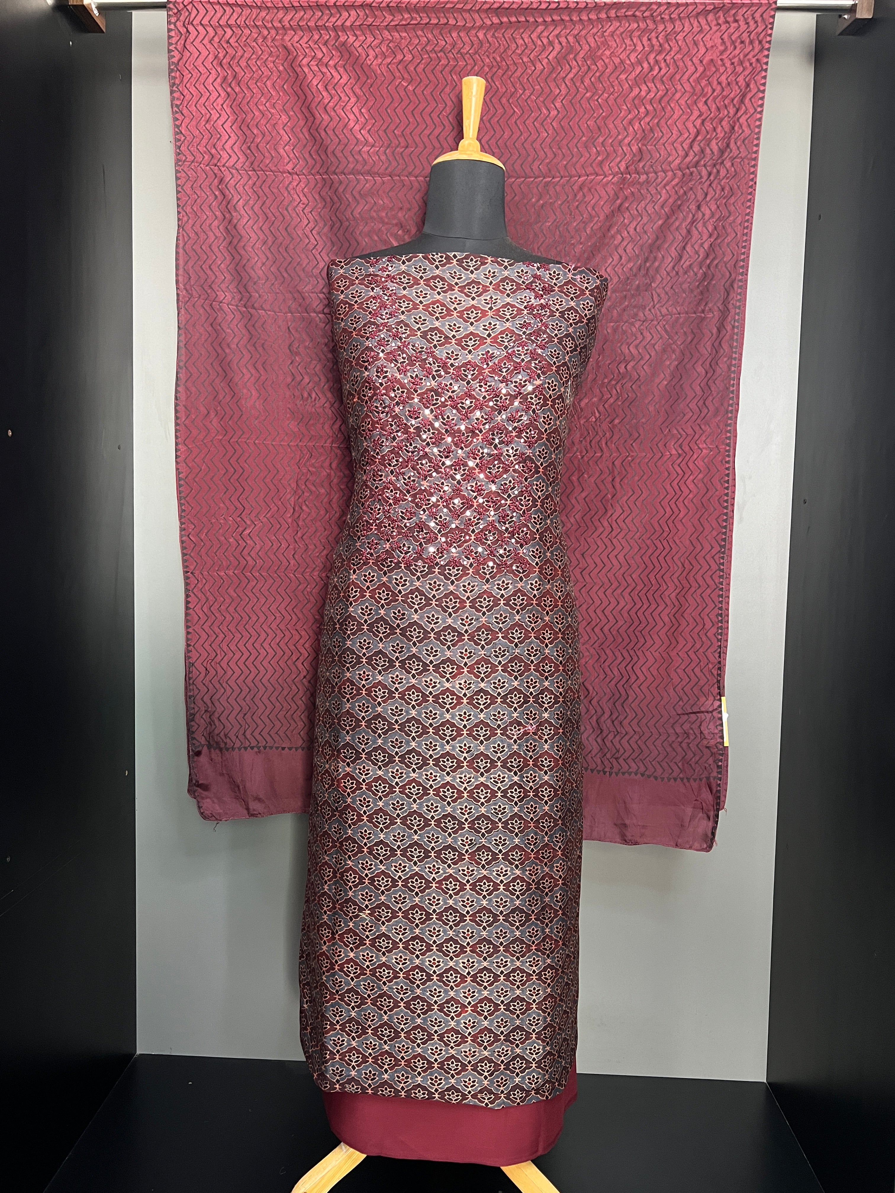 Ajrakh Print With Embroidery Detailed Semi Modal Salwar Set | JSC475