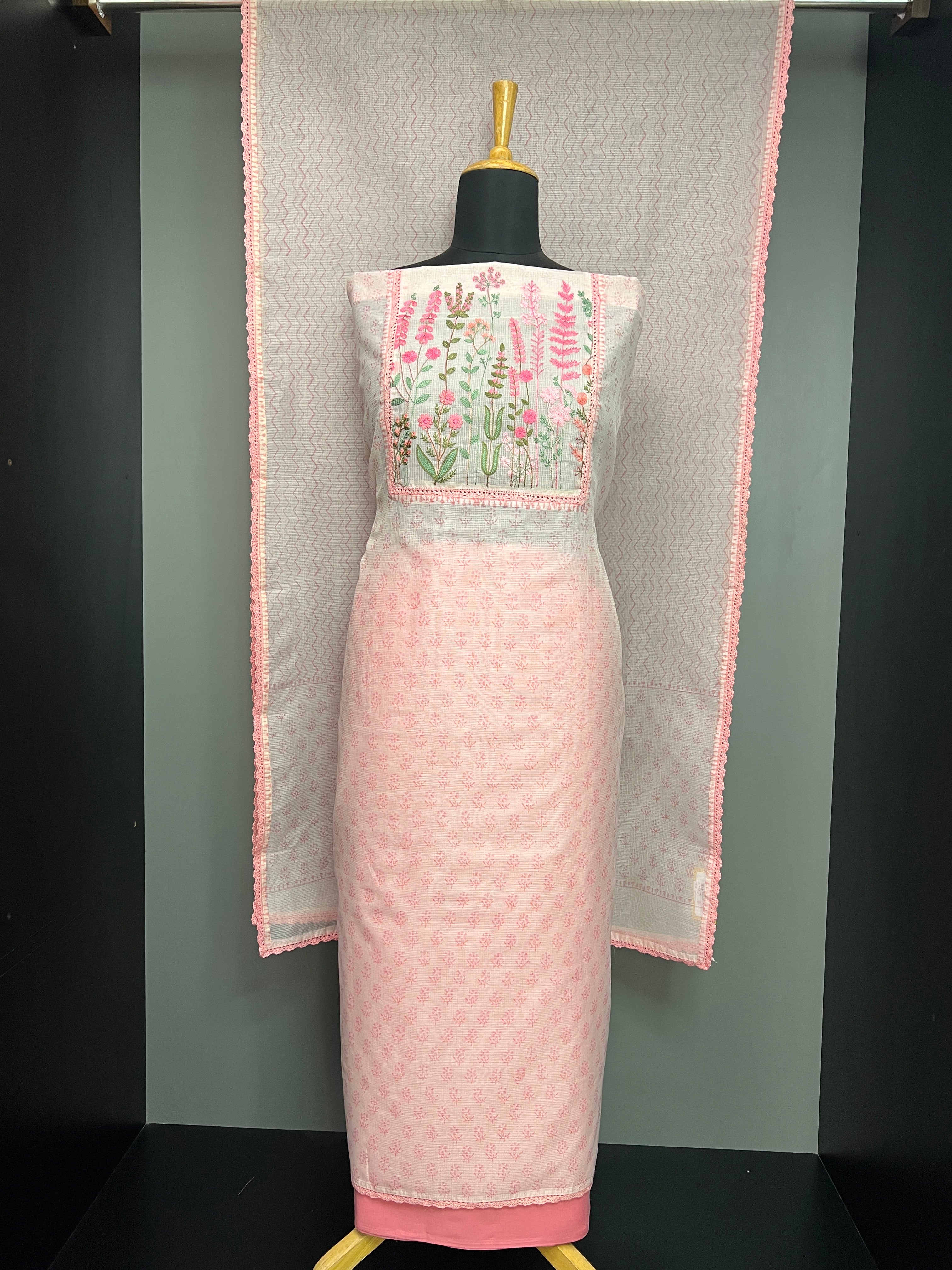 Block Print With Embroidery Detailed Muga Check Organza Salwar Set | JSC476