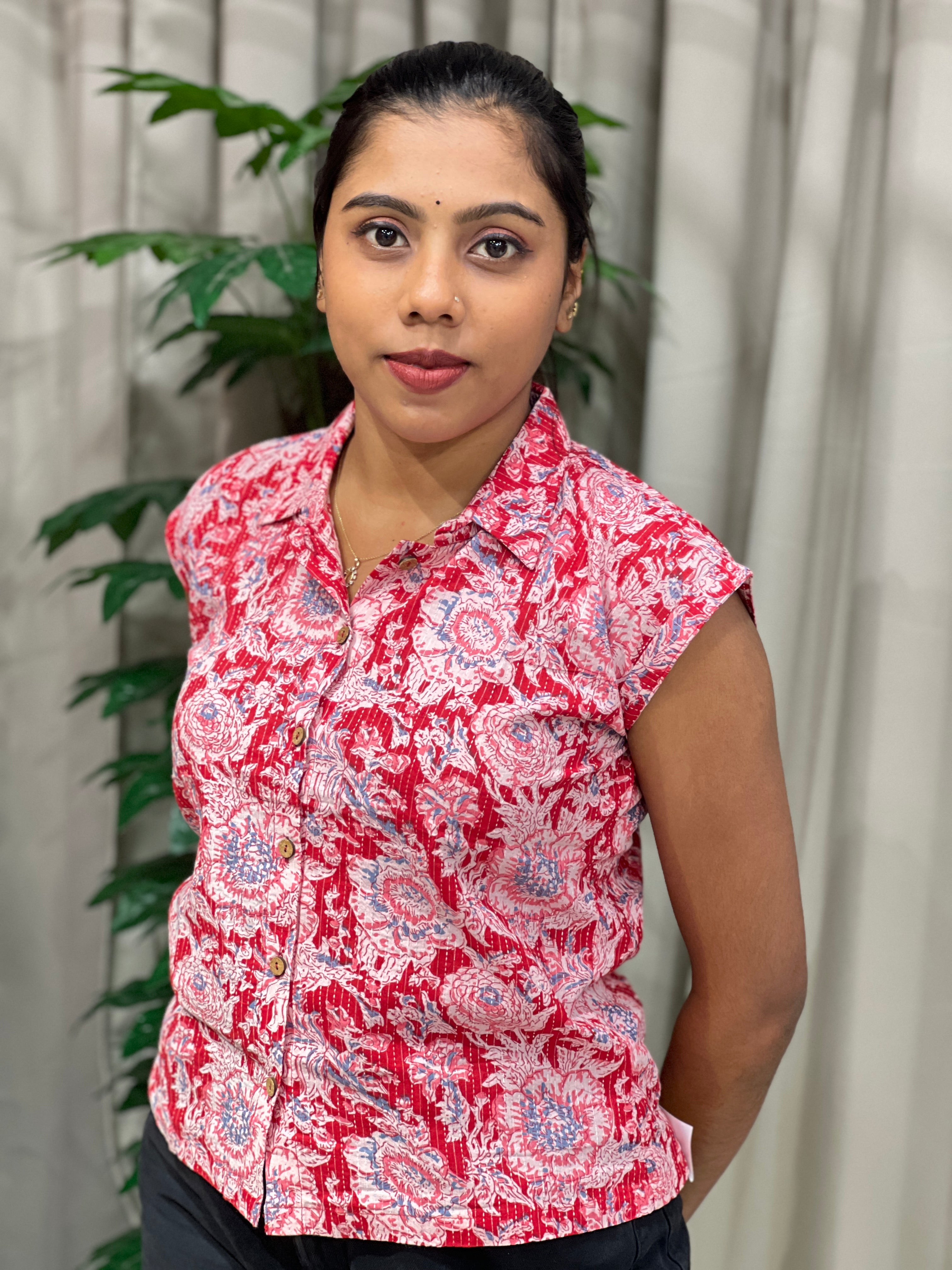Floral Print With Kantha Detailed Cotton Short Kurta | JSC519