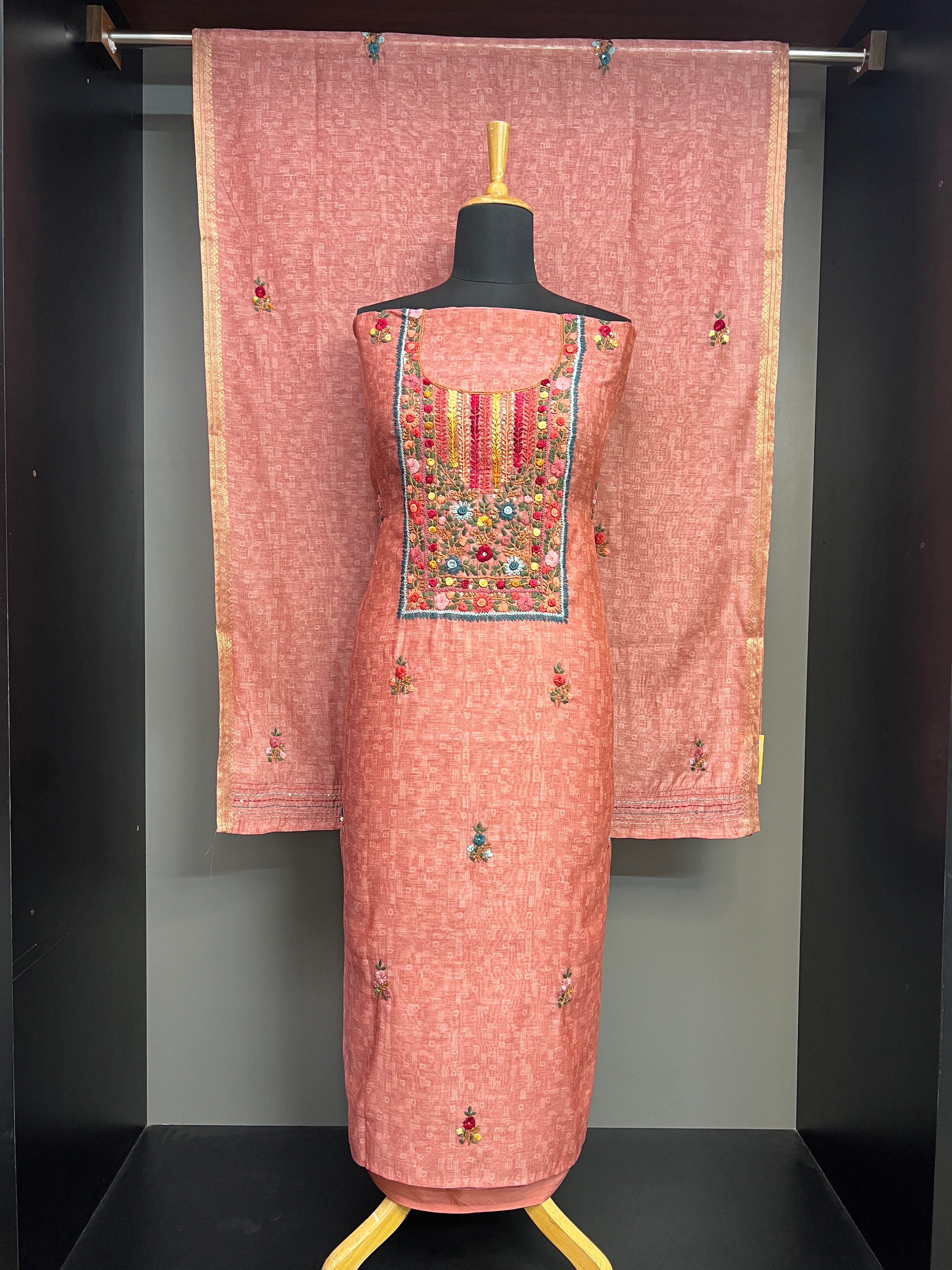 Multicolour Floral Hand Embroidery Detailed Chanderi Salwar Set | JVR135