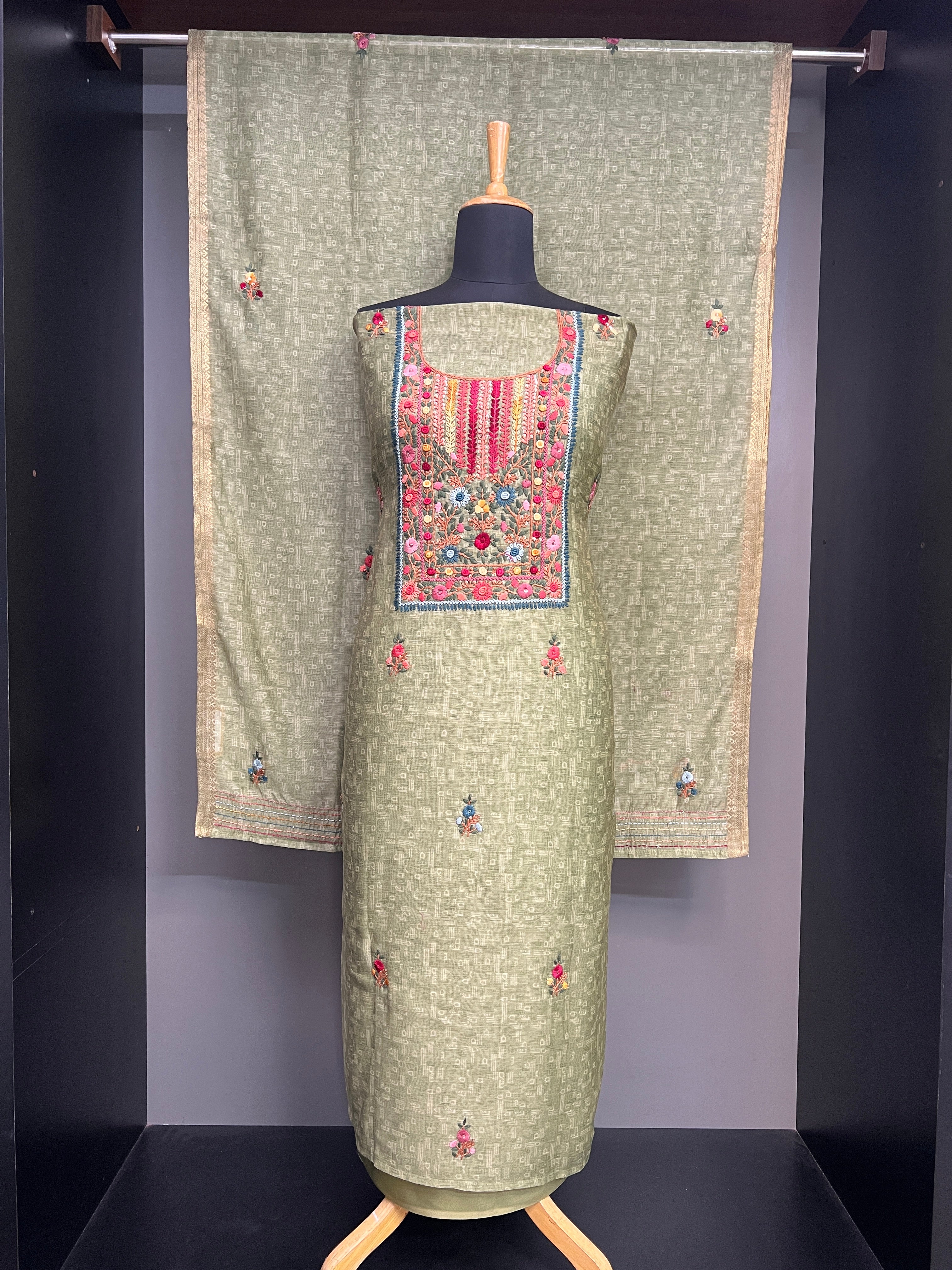 Multicolour Floral Hand Embroidery Detailed Chanderi Salwar Set | JVR136