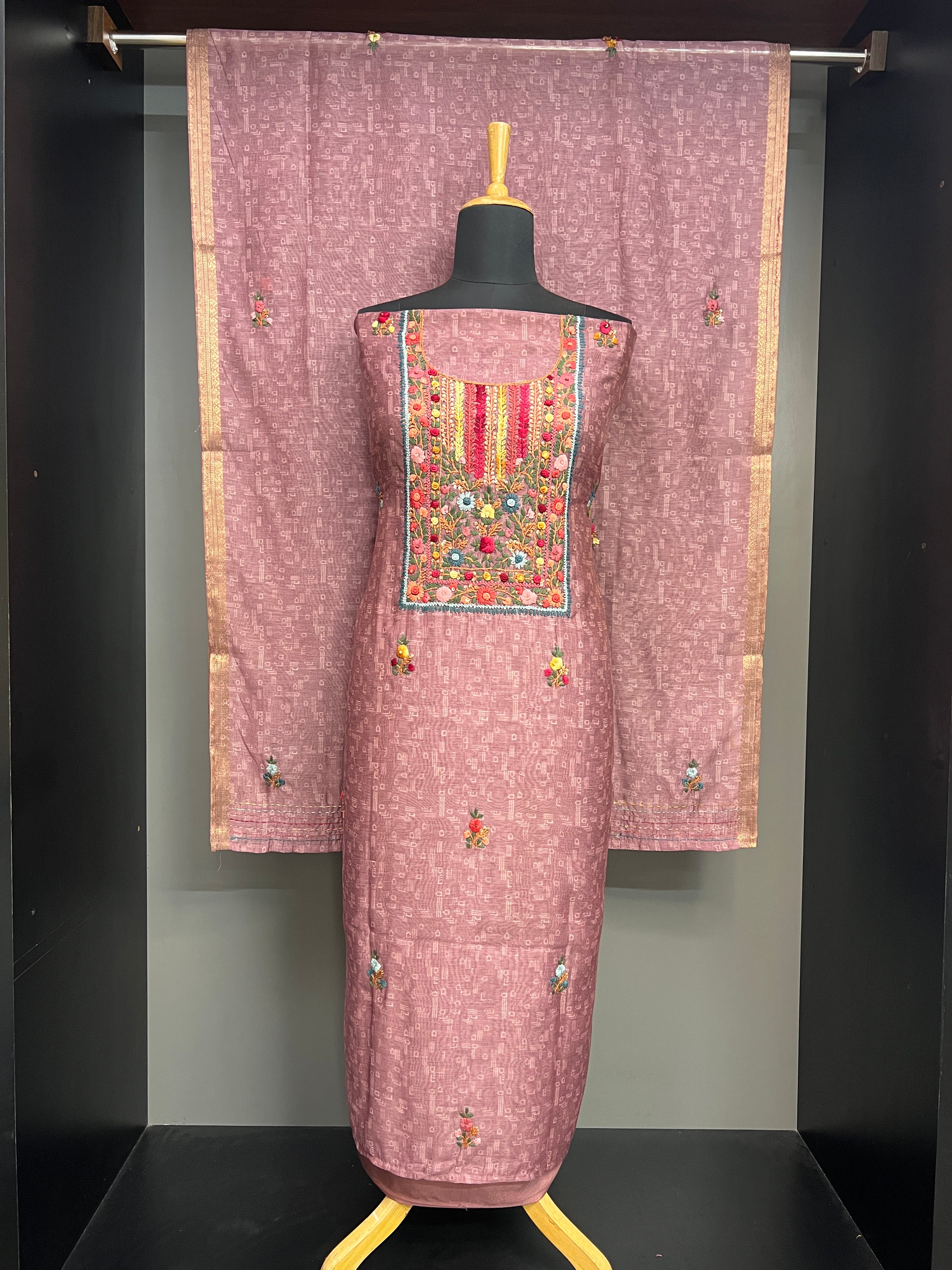 Multicolour Floral Hand Embroidery Detailed Chanderi Salwar Set | JVR137