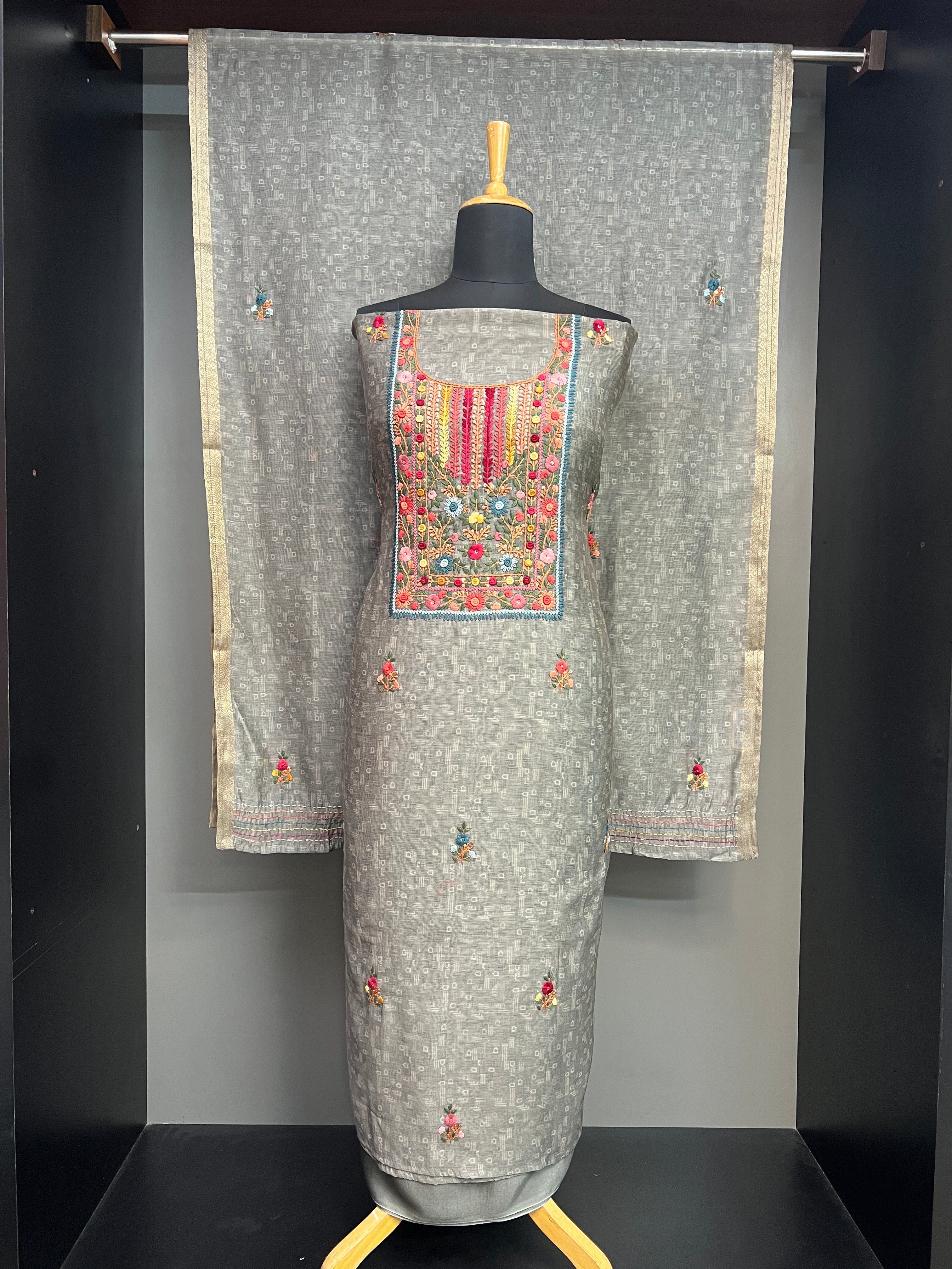 Multicolour Floral Hand Embroidery Detailed Chanderi Salwar Set | JVR139