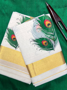 Peacock Feather Screen Printed  Kerala Cotton Set Mundu | KL165
