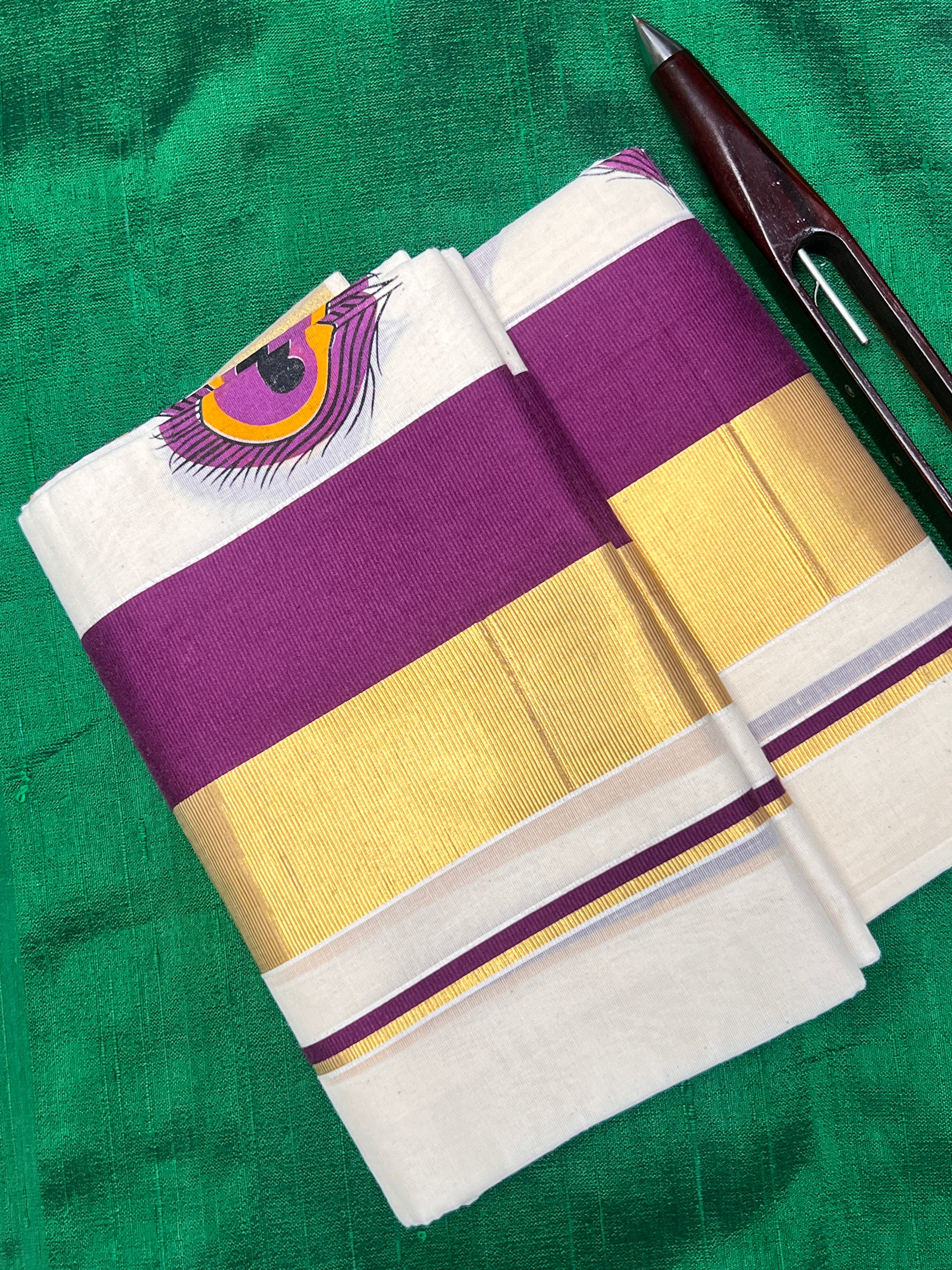 Peacock Feather  Screen Printed  Kerala Cotton Set Mundu | KL168