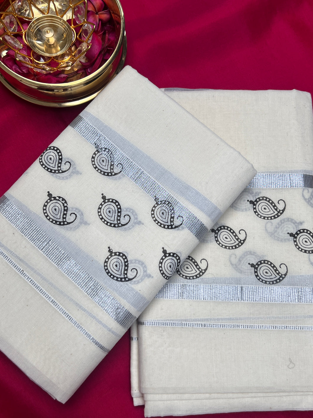 Screen Printed Buta Design Kerala Cotton Double Set Dhothie ( Without Blouse) | KL215