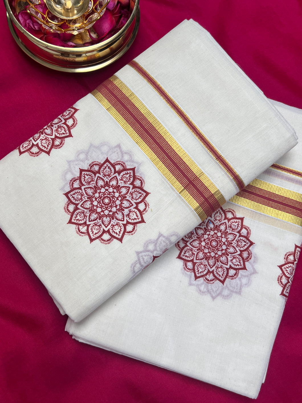 Floral Screen Printed Kerala Cotton Set Mundu ( Without Blouse) | KL226