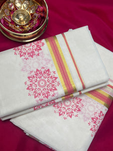 Floral Screen Printed Buta Design Kerala Cotton Set Mundu( Without Blouse)| KL228