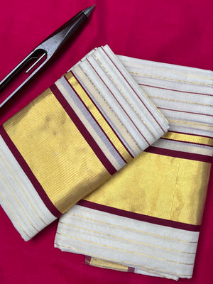 Golden Tissue Border Design Balaramapuram Handloom Set Mundu ( Without Blouse) | KL239